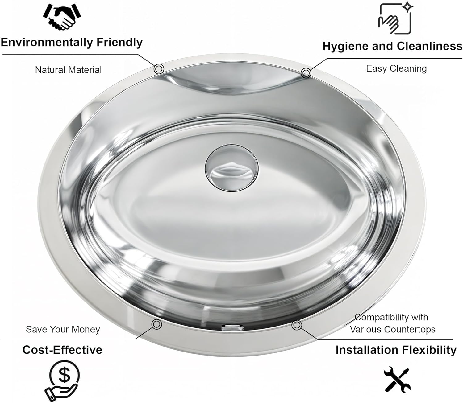Dowell 19" Oval Undermount Single Bowl 18-Gauge Stainless Steel Kitchen Bar/Bathroom Sink - 5-3/4" Deep Bowl, Double Layered Body With Overflow, 6001 Series - Dowell - 6001 1916