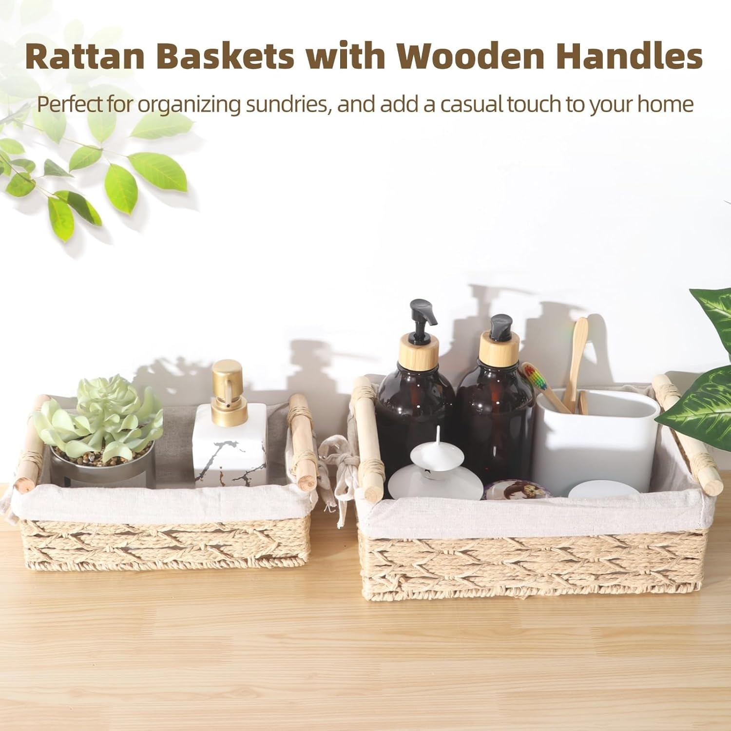 2-Pack Wicker Storage Baskets with Handles, Rectangle Rattan Baskets for Organizing and Displaying