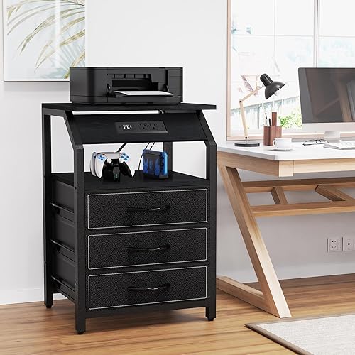 Miniatura 5 de Juego de 2 mesas auxiliares, mesitas de noche con estación de carga y luces LED, 3 cajones de tela, mesas auxiliares de almacenamiento para mesita