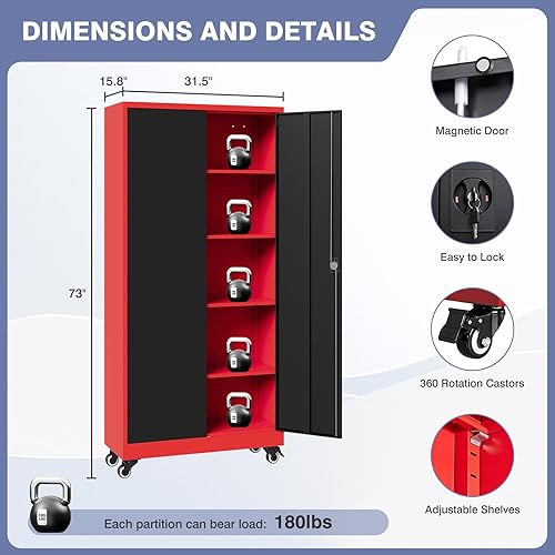 Miniatura 10 de LISSIMO Armario de metal de 72 pulgadas, armario de almacenamiento con bloqueo con 2 puertas y 5 estantes ajustables, gabinete de herramientas de