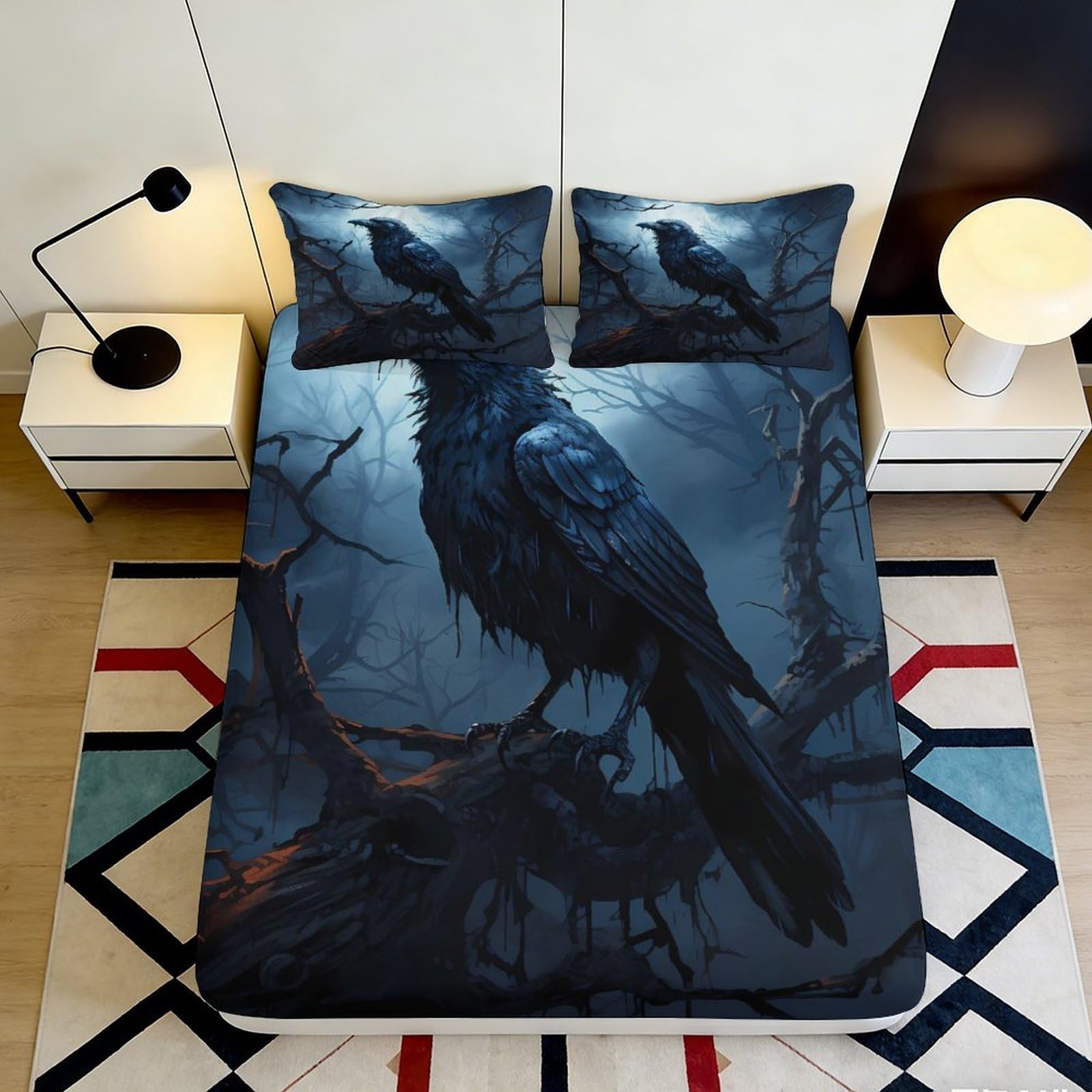Jqzkxnhpbr Style-3 3D Printed Dark Raven Fitted Sheet Microfiber Soft Breathable Night Forest Mattress Cover For Bedroom Decor 90X200x25cm