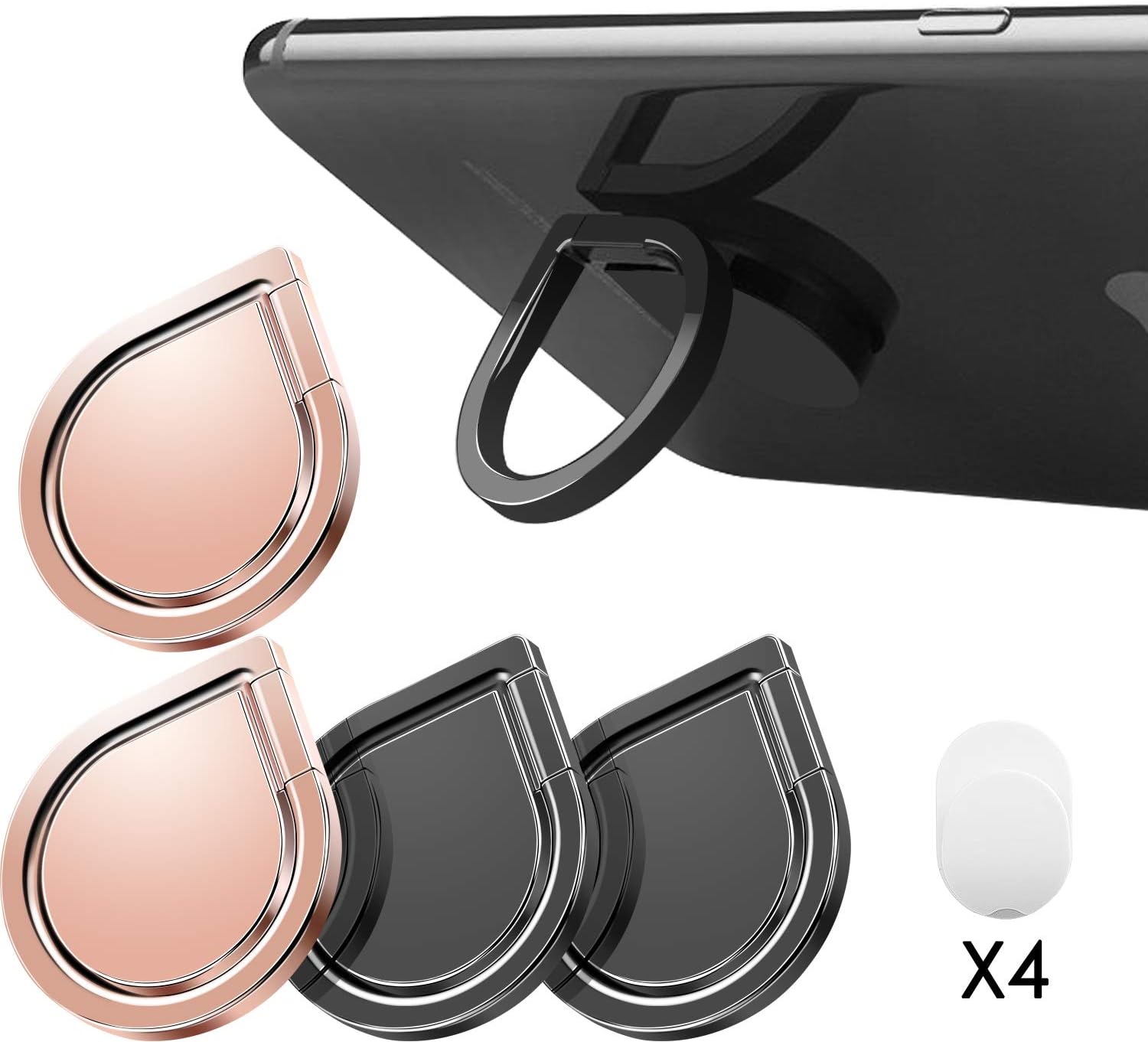 Cell Phone Ring Stand Holder, Water Drop Shape Zinc Alloy Universal 360°Rotation Finger Loop Grip [Washable/Removable/Magnetic Car Mount] for Smartphones, Tablet (2 Rose Gold & 2 Black) 4 Hooks
