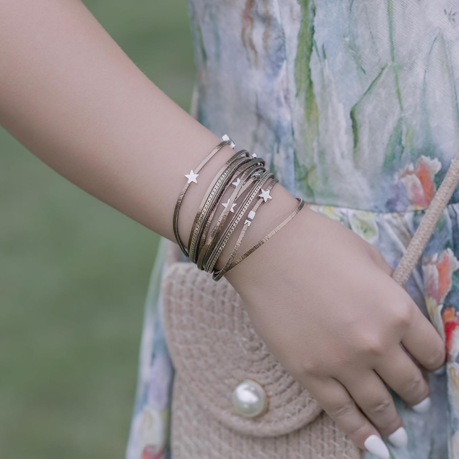 FANCY SHINY Leather Wrap Star Bracelet Boho Bangle Bracelets for Women Trendy Stackable Cute Star Charm Bracelet with Magnetic Clasp - Image 2