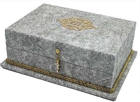 Modefa Islamic Turkish Holy Quran in Arabic with Keepsake Velvet Gift Case & Prayer Beads Grey