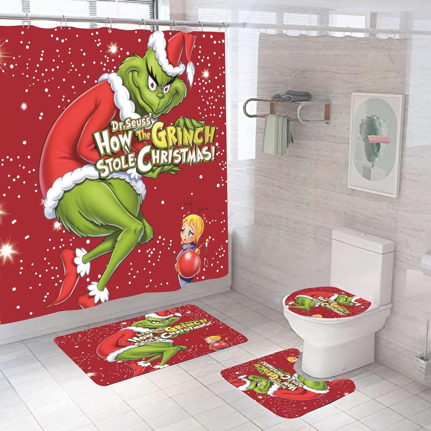 4-Piece Non-Slip Shower Curtain Set: Waterproof Polyester Fabric Bathroom Curtain (72x72 inches) with Rugs, Toilet Lid Cover, Bath Mat, and 12 Hooks