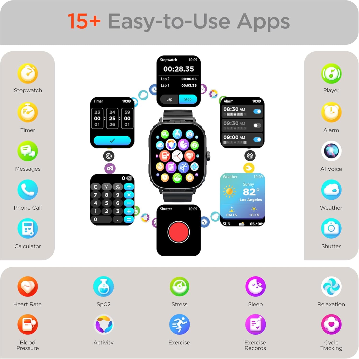 HyperGear FIT X2 Smartwatch displaying various app icons including stopwatch, timer, alarm, weather, calculator, and health monitoring apps.
