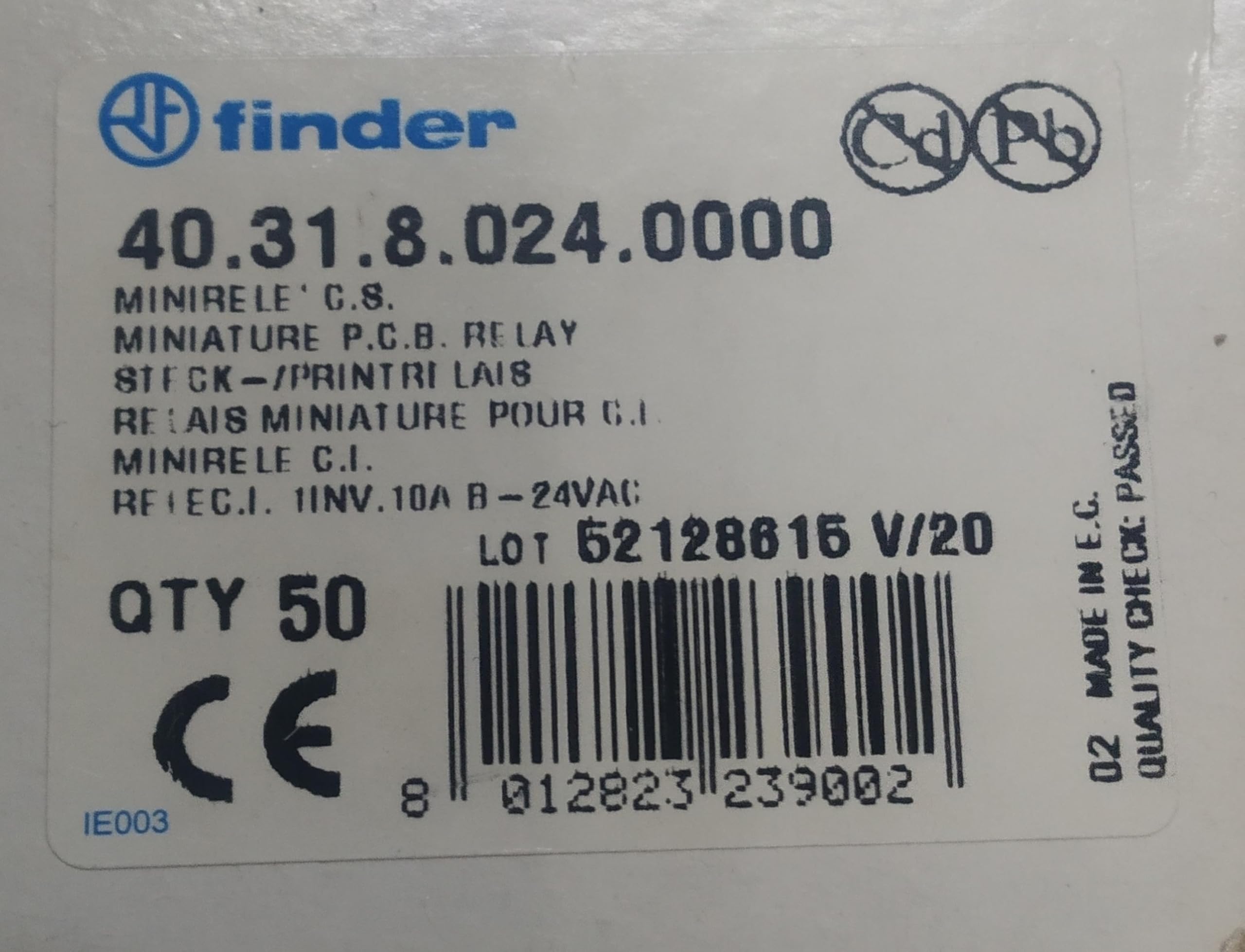 Relais Finder 1RT 24V AC, 40.31.8.024.0000,électromagnétique,SPDT, 10A/250V AC, Bobine 24V AC,lot x1
