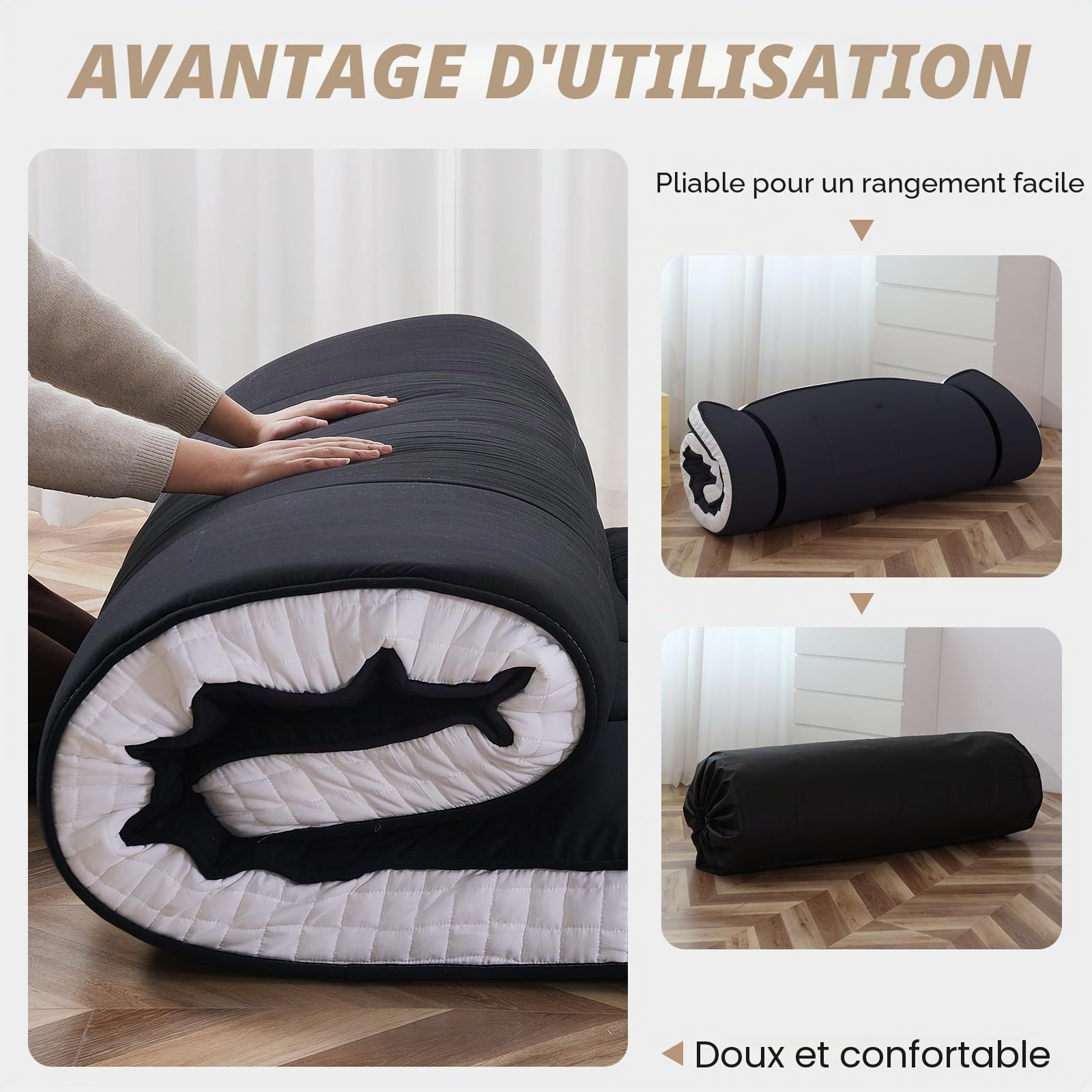 Matelas futon japonais, matelas de sol japonais, très épais et pliable, matelas de couchage en mousse à mémoire de forme pour adultes, tatami adapté pour le camping et les invités, noir diamant