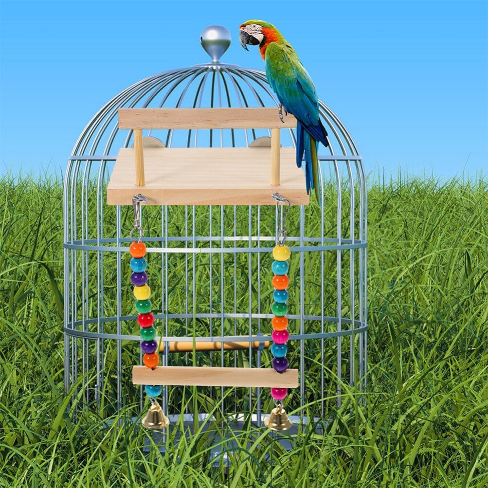 Sosoport Bird Perch Stand Bell Natural Exercise Platform for Parrots Parakeets and Finches Safe Chewing Toy for Bird Cages Easy to Install Birdcage Accessories