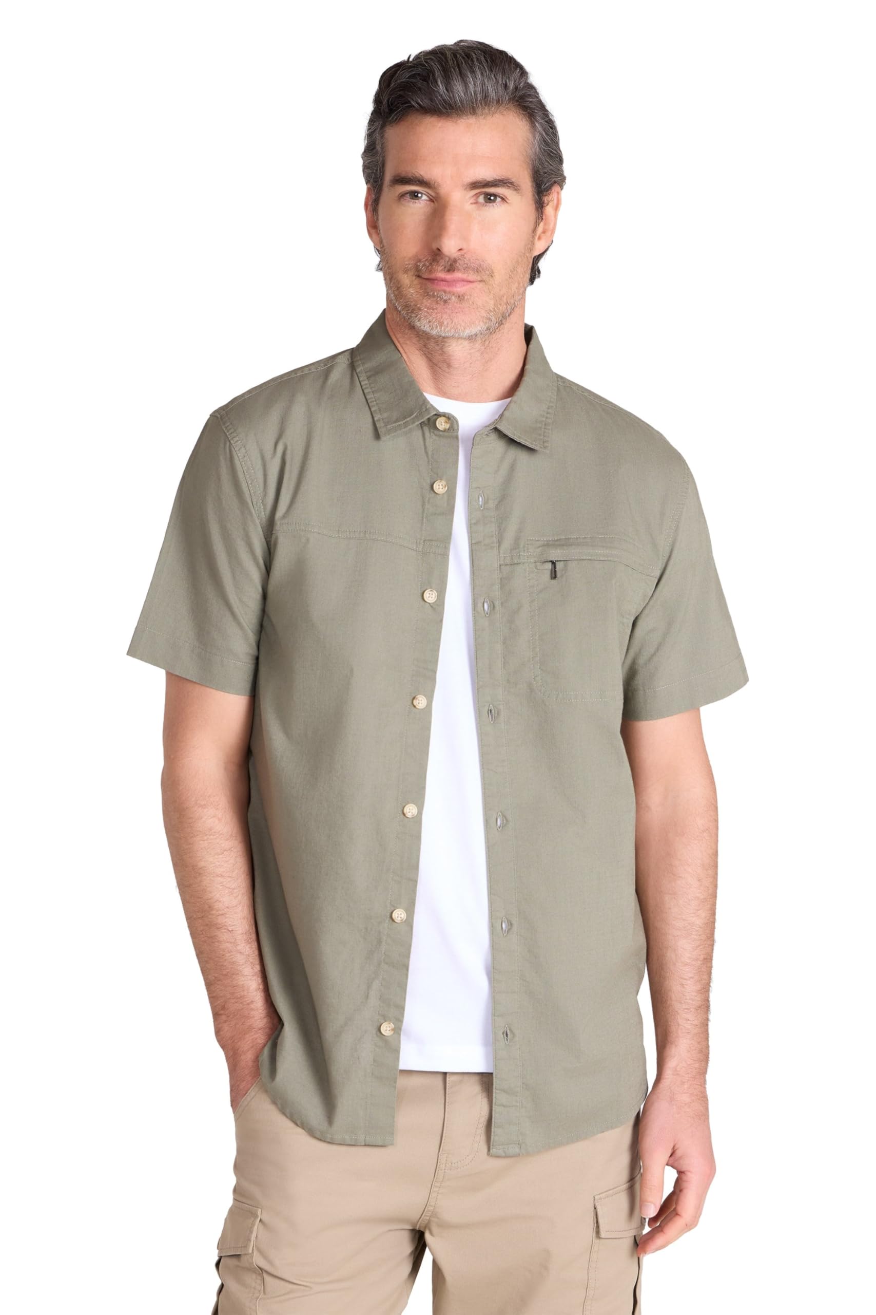 Mountain Warehouse Coconut Slub Texture Short-Sleeved Shirt - Lightweight Cotton Tee with Pocket, Casual Wear - Spring Summer, Holidays & Travelling Khaki (Slub Texture) L