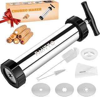Churro Maker Kit, Stainless Steel Hollow Churro Machine, Churro Maker Gun with Piping Bag and 2 Cleaning Brushes, 4 Nozzles for Various Shapes, Máquina para Hacer Churros, Perfect Gift