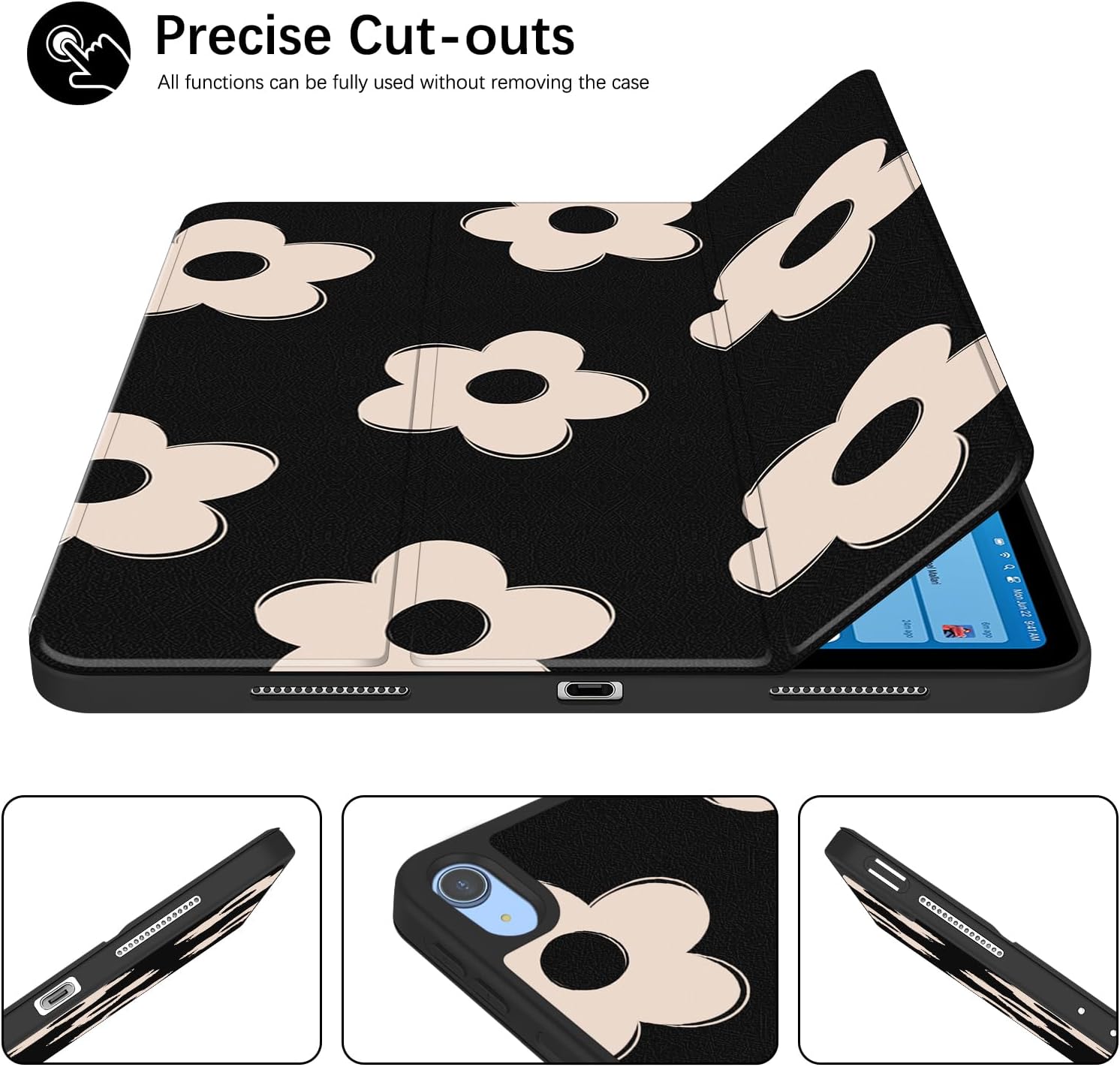 Case for iPad (A16) 11th Generation 11 Inch 2025, iPad 10th Generation 10.9 Inch 2022, Protective Case with Pencil Holder, Trifold Smart Stand Cover with Cute Pattern for Girls, Black Flowers - Image 6