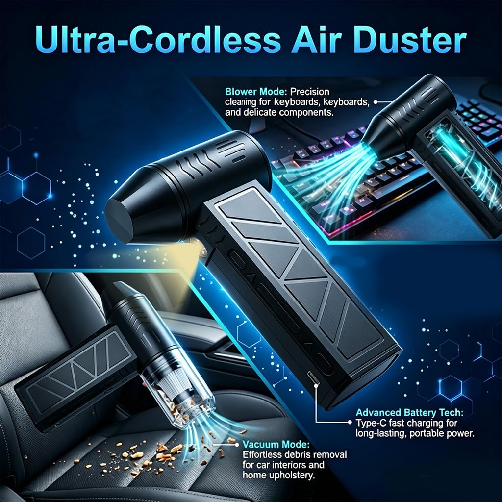 Soplador de Aire Comprimido Eléctrico 150000RPM, Air Duster Potente para Limpieza PC y Teclado 4 Velocidades Ajustables Reutilizable Plumero de Aire Inalámbrico con Luz LED para Coche Hogar
