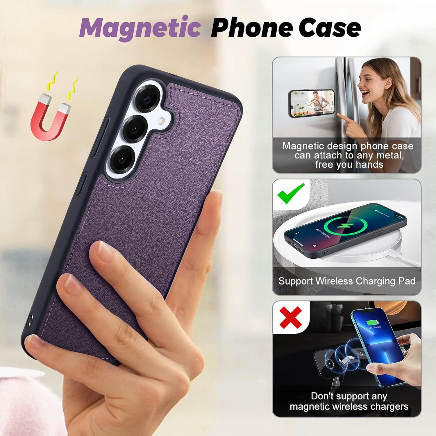 TwoHead for Samsung Galaxy S25 Wallet Case with Card Holder, Detachable Magnetic Phone Case for S25,PU Leather All-Round Protective Phone Case Wallet with Wrist Strap(6.2 in,Deep Purple)