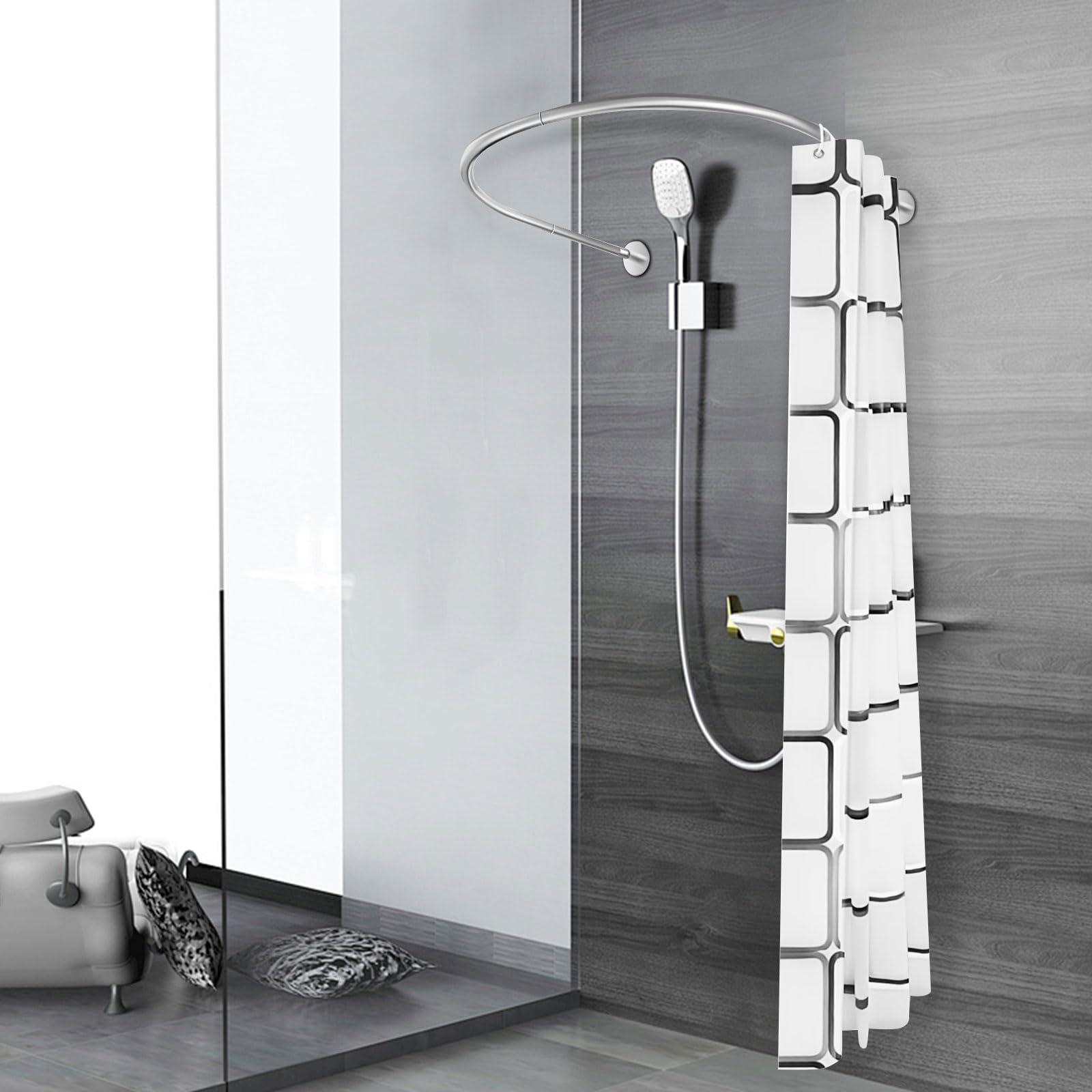 Kit de rideau de douche extensible en forme de U - Avec rideau de douche et tringle à rideau de douche - 240 à 180 cm - Sans perçage - Imperméable et inoxydable - En acier inoxydable