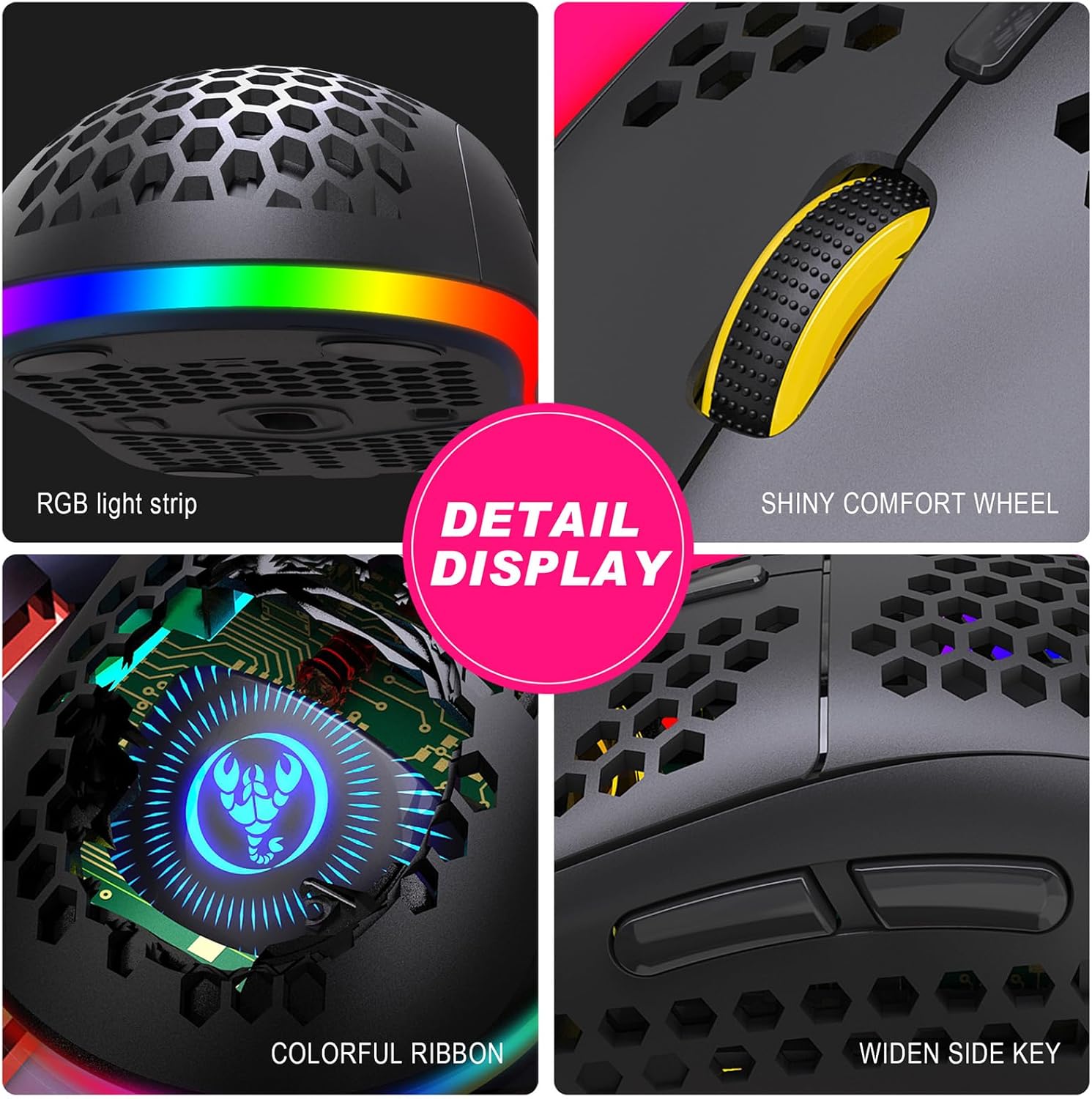Maxspace Wireless Gaming Mouse Bluetooth with Honeycomb Shell,Tri-Modes Mouse with Side Buttons,Lightweight RGB Wireless Mouse for PC/Tablet/Desktop/Office/Games, Black
