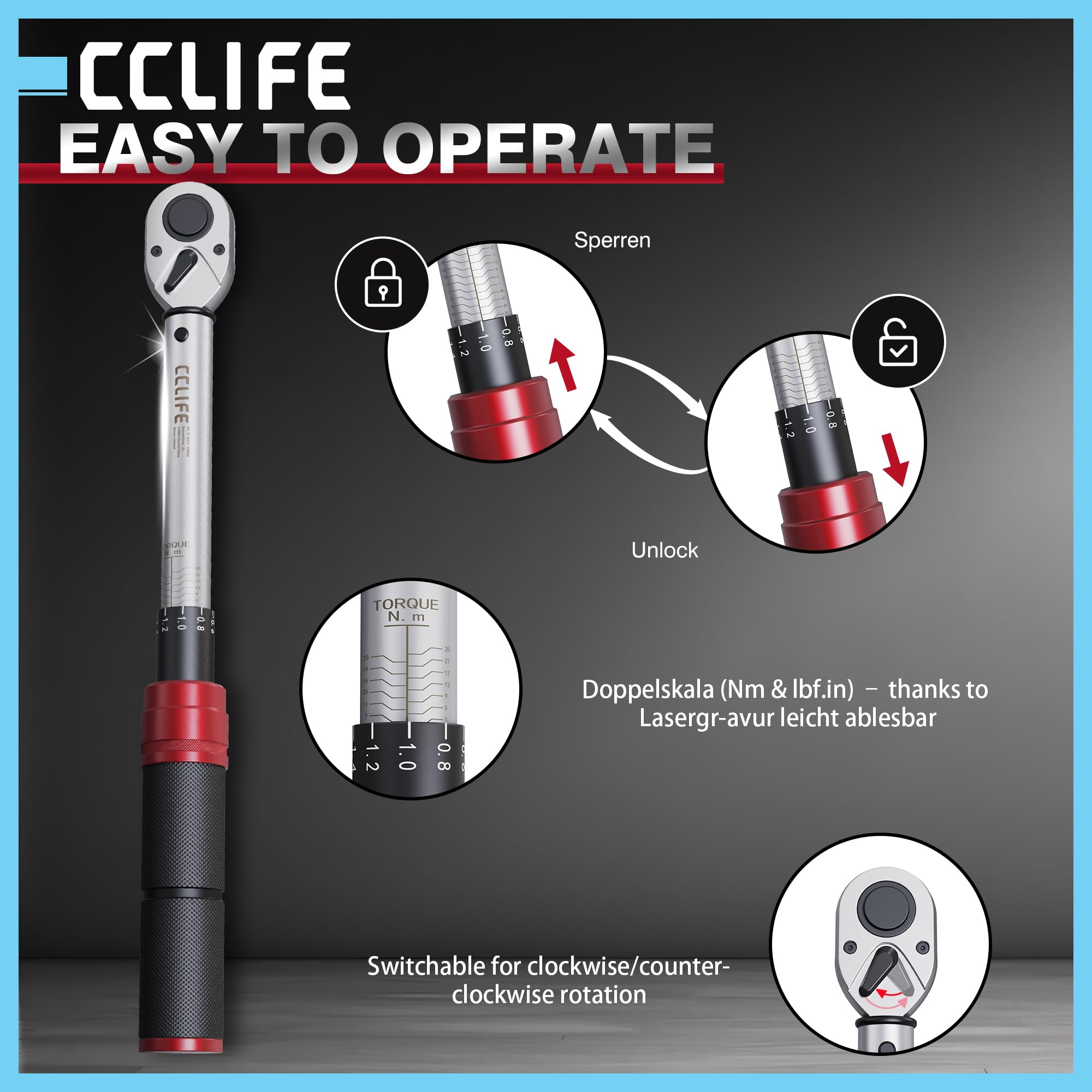 CCLIFE Klucz dynamometryczny 1/4 cala Click 1-25 Nm – precyzyjny moment obrotowy klucz do roweru i motocykla, niezawodne kliknięcie, łatwe ustawienie skali do warsztatu i prac typu "zrób to sam"