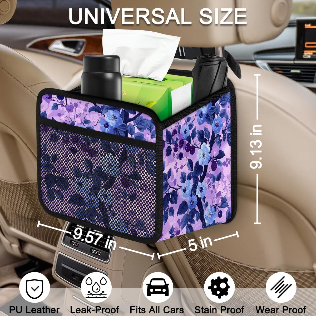 Aesthetic Purple Blueberry Car Backseat Organizer PU Leather Automotive Back Seat Storage Bag Universal Hanging Garbage Box Travel Accessories Foldable