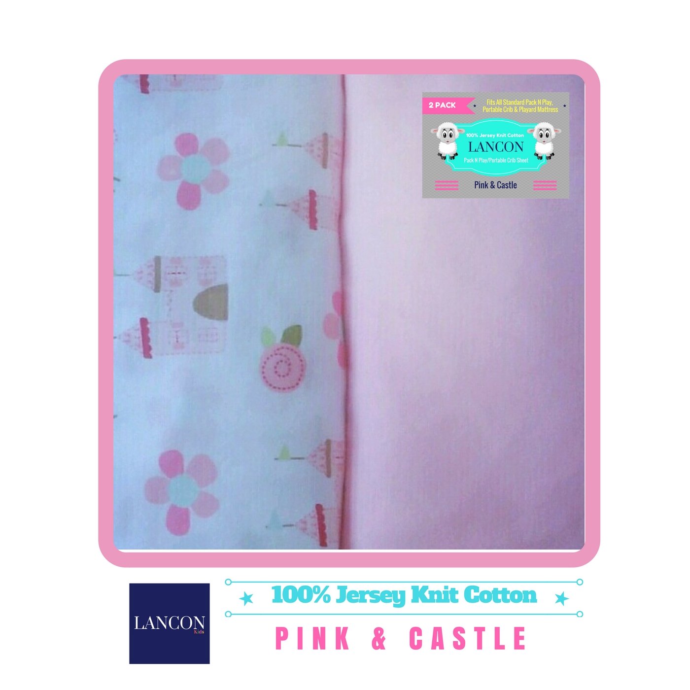 Pack N Play Portable Crib Sheet Set by LANCON Kids - 2 Pack of Ultra Soft, Premium 100% Jersey Knit Cotton Fitted Sheets (Pink/Castle)