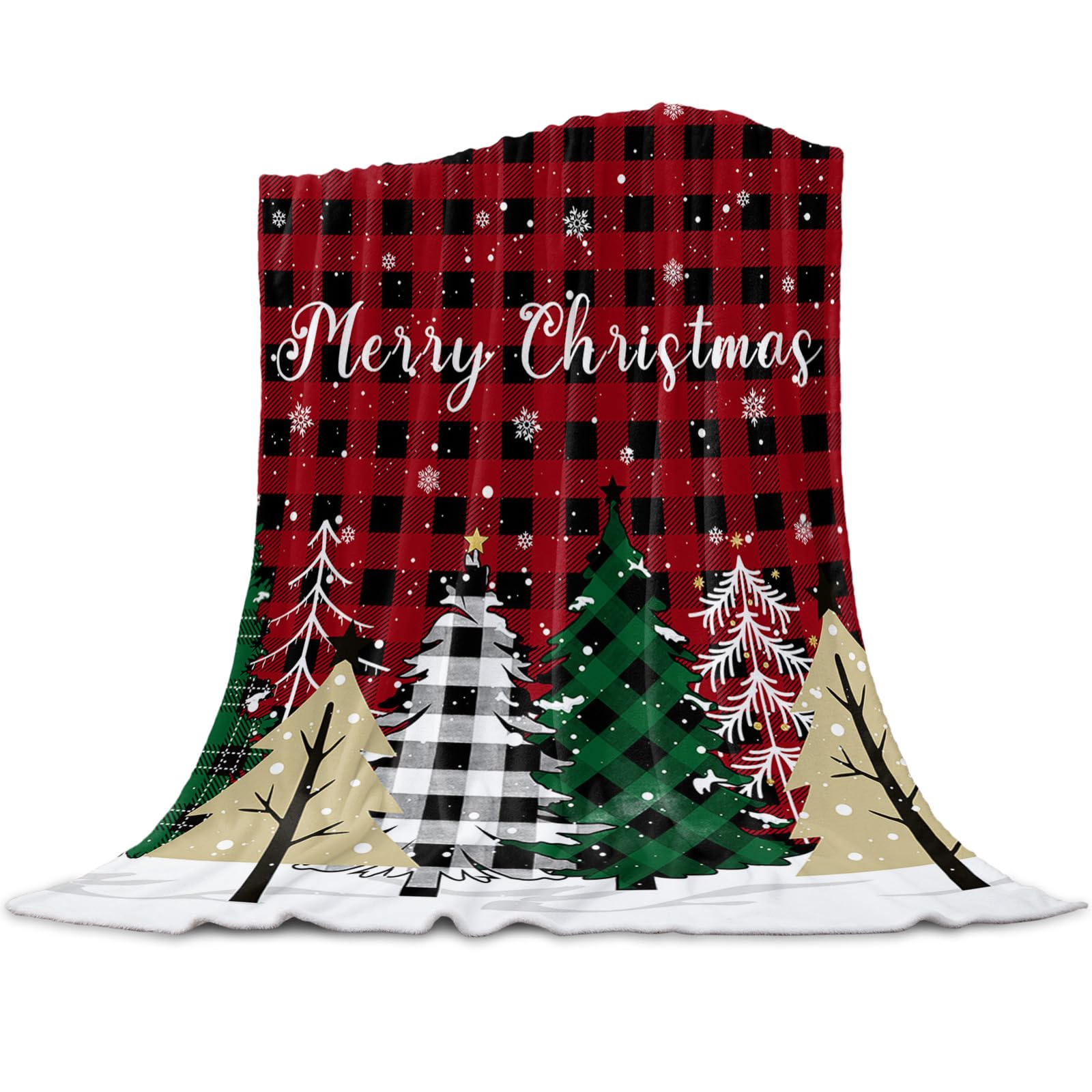 Christmas Throw Blanket Merry Christmas Tree Blankets and Throws, Snowflake Buffalo Plaid Blanket for Couch Bed Sofa Dorm, Soft Cozy Flannel Blanket for Xmas Holiday Decor Gifts All Season 40x50