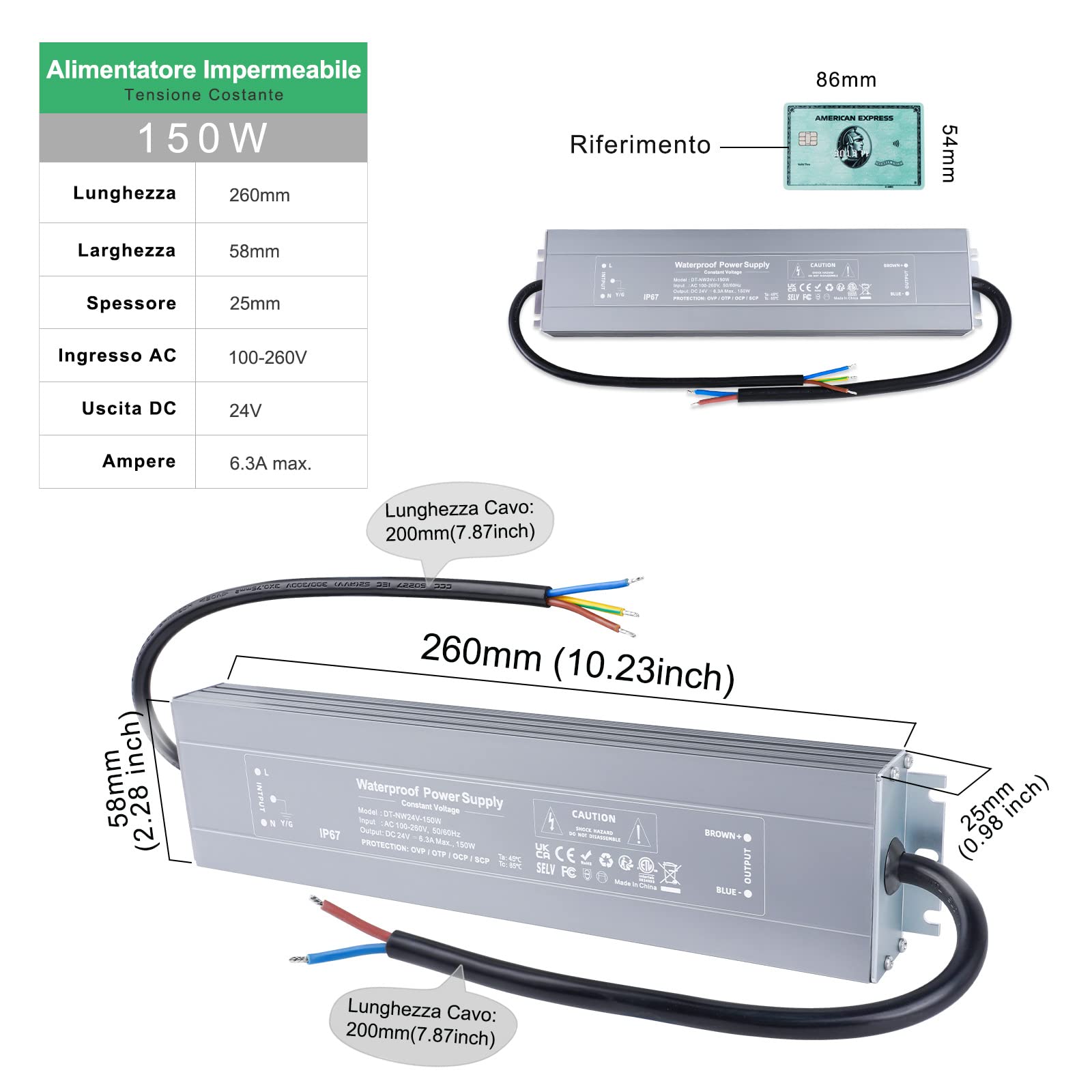 REYLAX Trasformatore LED 24V 150W Alimentatore 6.25A Impermeabile IP67 Driver LED AC 100-260V a DC 24V Trasformatori da Esterno Adattatore Led a Tensione Costante Power Supply Bassa Tensione