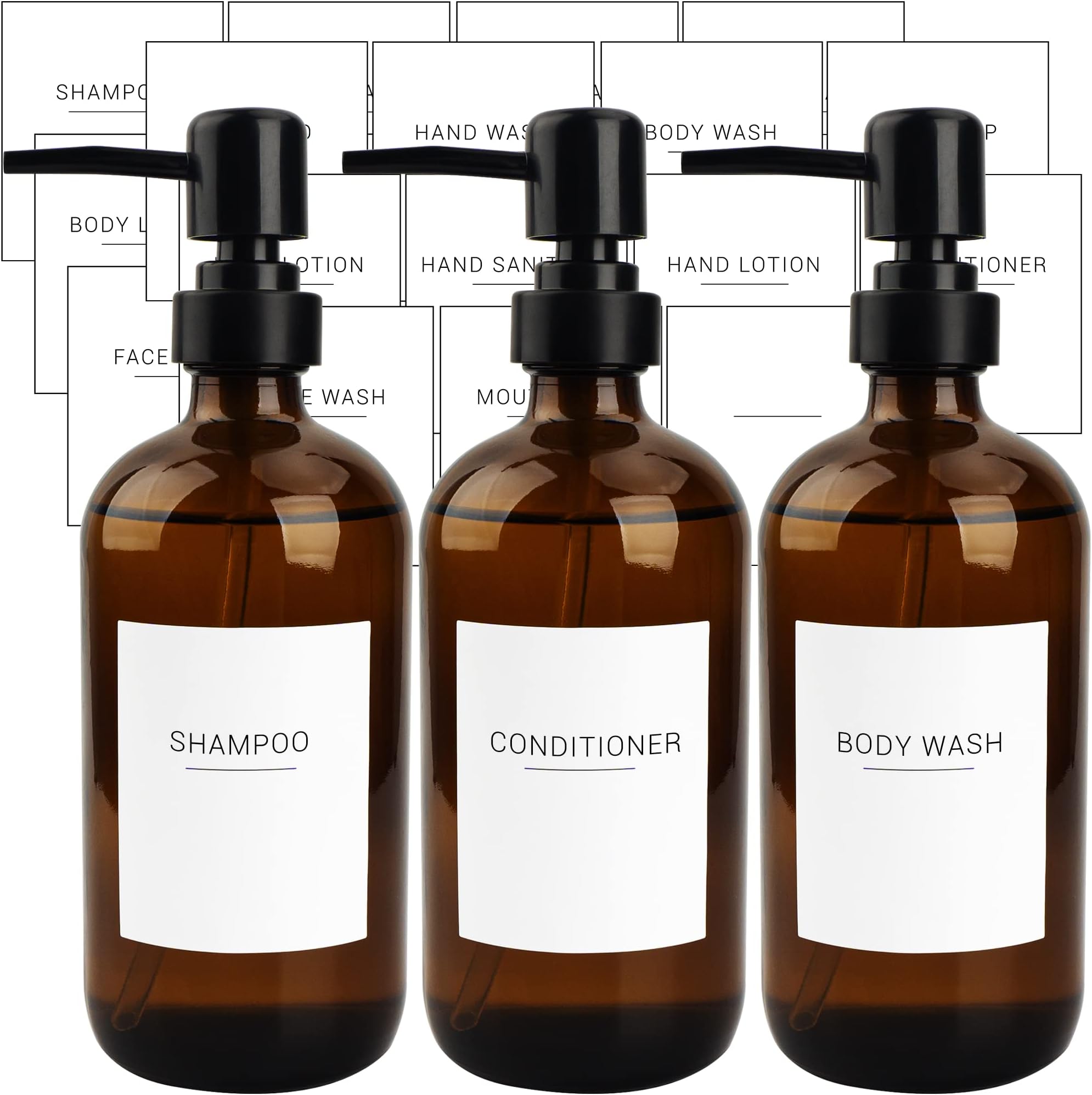 Set of 3 Amber Glass 500ml Soap Dispensers with 22 White Labels Bathroom Liquid Bottle Container with Black Pump