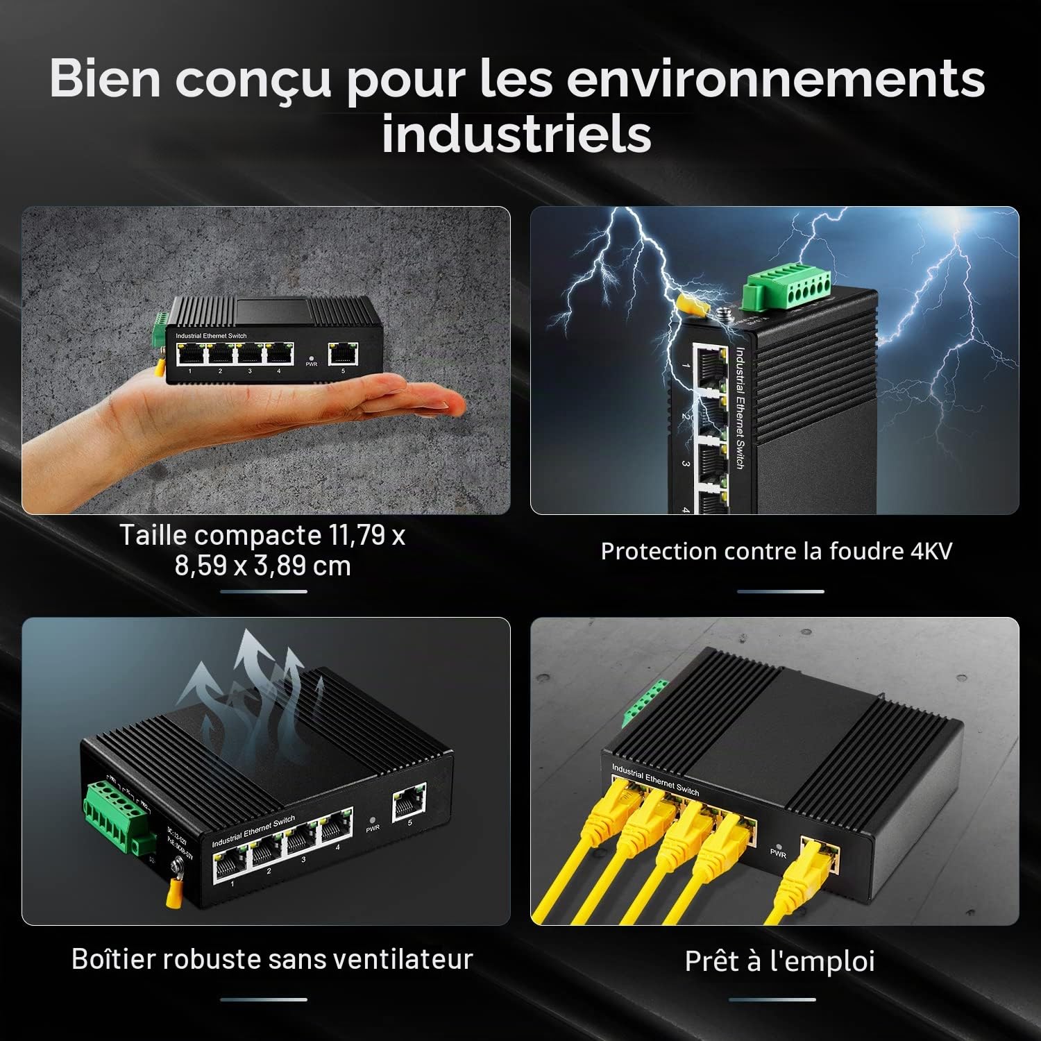 Binardat Switch Ethernet Industriel 5 Ports sur Rail DIN, 4 Ports et 1 Liaison Montante 10/100 Mbps, Montage Mural sans Ventilateur, avec Une Alimentation