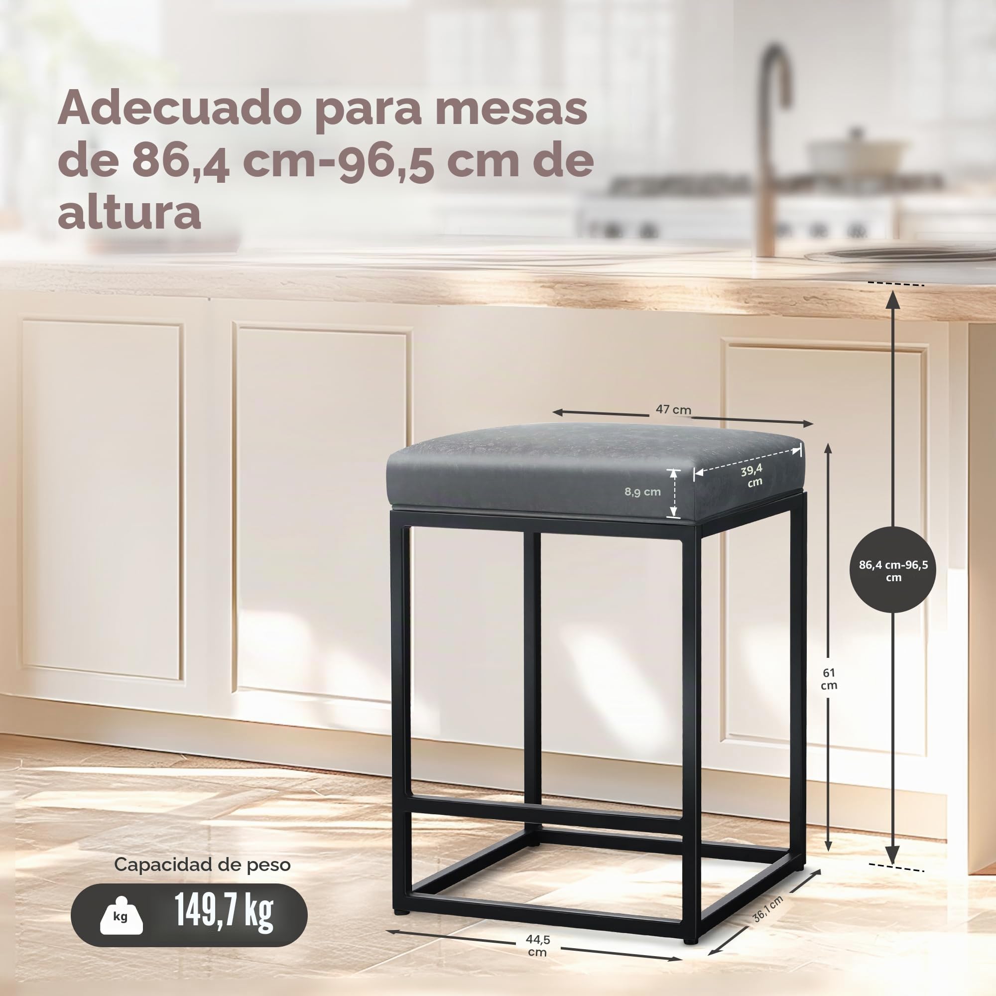 ALPHA HOME 2 taburetes de bar con reposapiés, sillas de cocina, de piel sintética, sin respaldo, taburetes de bar, para interior y exterior, comedor, bar en