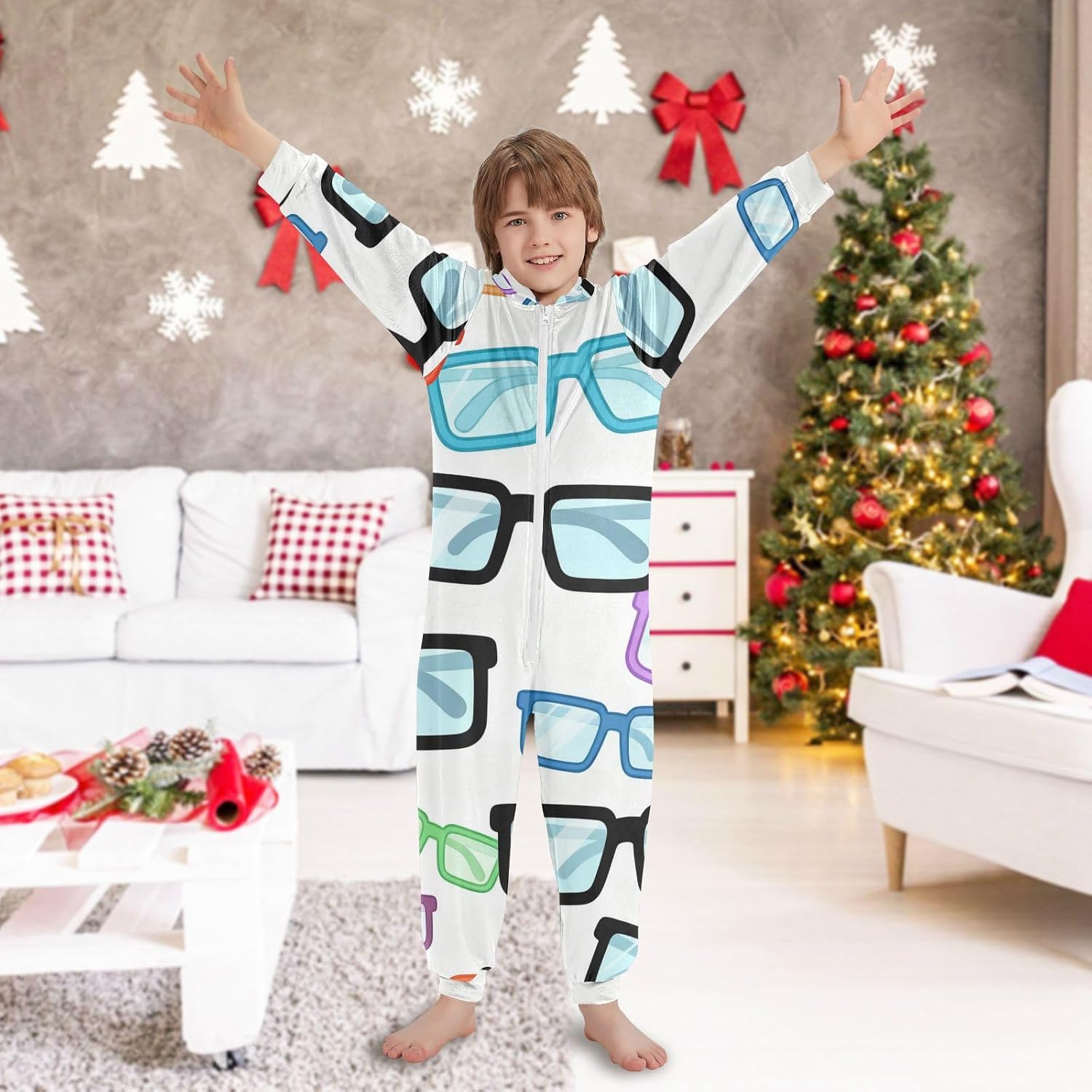 Cartoon Colorful GlassesOnesie PajamasSoft Casual Hooded Holiday Costumefor Christmas Home
