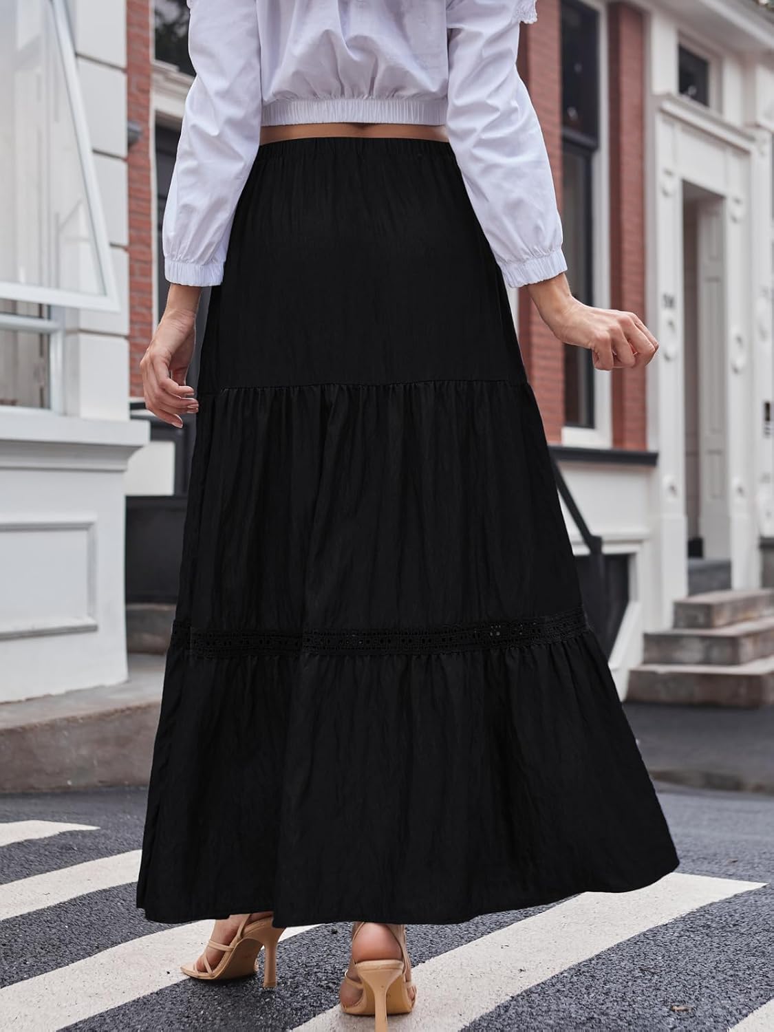 DJT Women's Boho Elegant Lace Trim Swing Tiered Maxi Skirt High Waisted Tie A Line Flowy Long Skirts with Pockets - Image 4