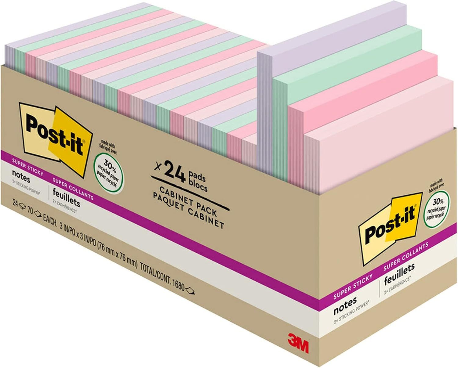 Post-it Super Sticky Recycled Notes, 3x3 in, 24 Pads, 2x the Sticking Power, Wanderlust Collection, Pastel Colors, 30% Recycled Paper (654-24NH-CP)