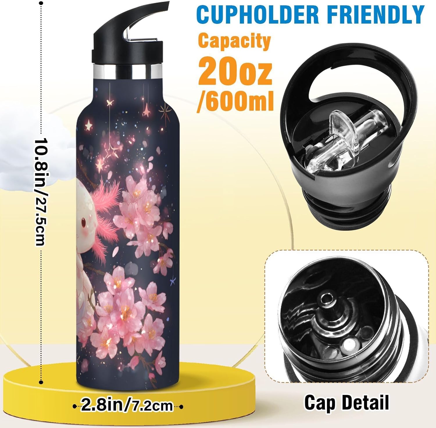 Bolaz Axolotl Star Water Bottle Kids Insulated for Boys Girls 20 oz,Stainless Steel Straw Lid Vacuum Insulated Water Flask