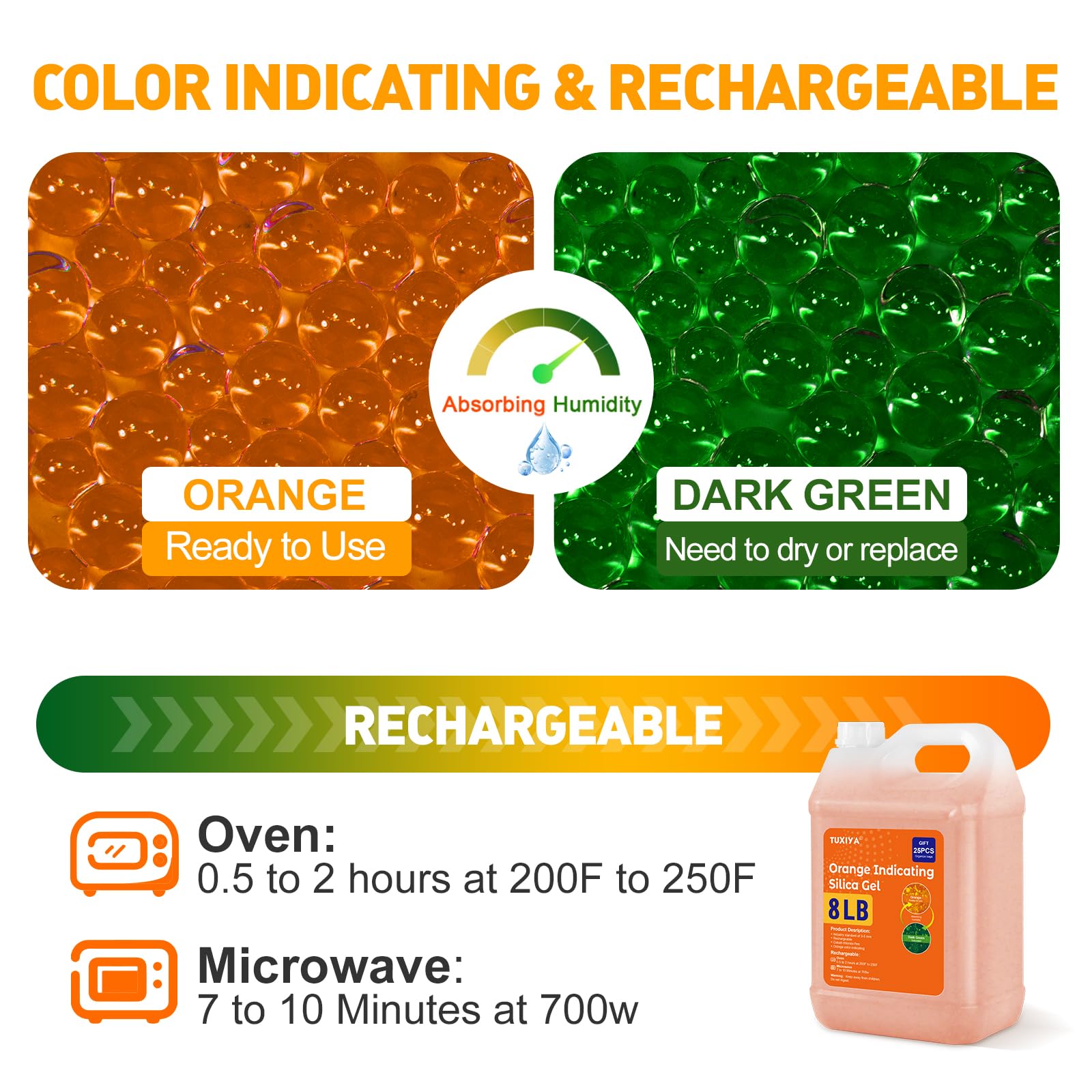 TUXIYA Cuentas desecantes de gel de sílice indicadoras naranjas de 8 libras (estándar de la industria de 3 a 5 mm), cuentas de gel de sílice recargables para filamento 3D, dispositivos electrónicos