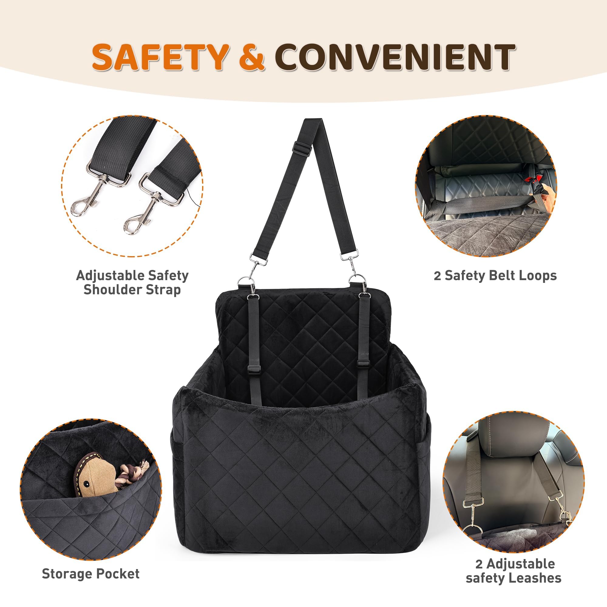 Siège Auto en Peluche pour Petit Chien Jusqu'à 9 Kg | Mousse À Mémoire De Forme, Base Antidérapante, Ceinture De Sécurité, Housse Lavable 45 × 45 × 35 Cm