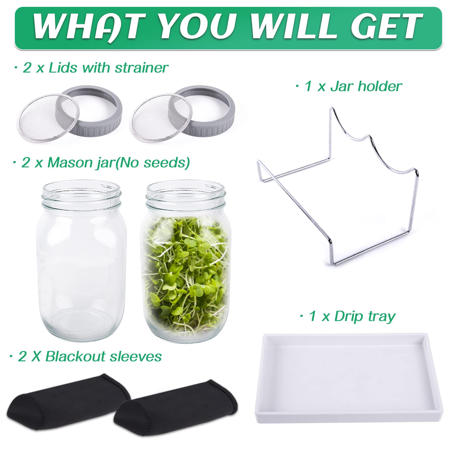 Seed Sprouting Jar Kit with 2 Wide Mouth Mason Jars Bean Sprouts Growing Kit Microgreens Growing Jar with Mesh Screen Lids Sprouter Sprouts Maker for Growing Broccoli, Alfalfa, Mung Bean