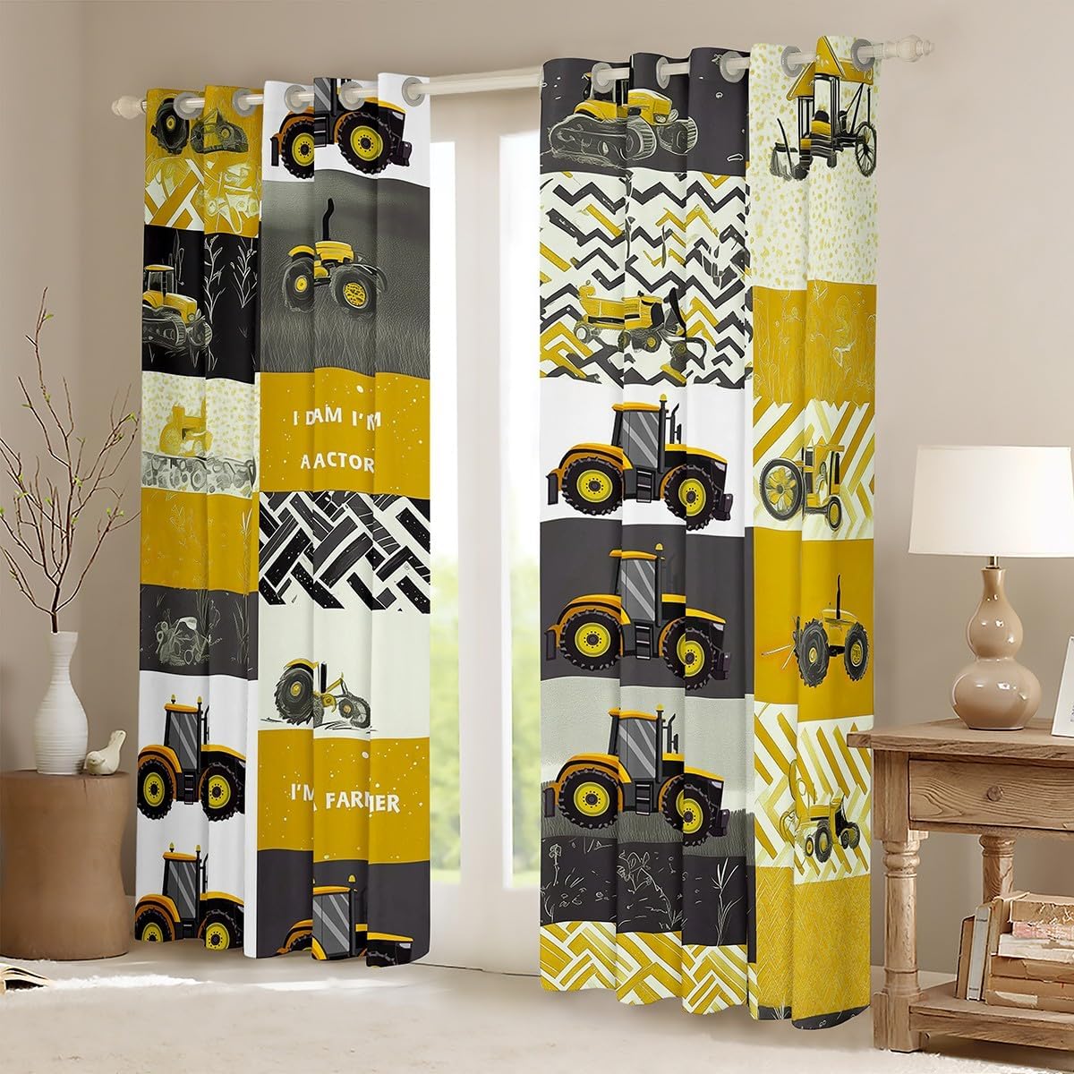 Erosebridal Yellow Cartoon Car Blackout Curtains 38" W x 45" L Farm Truck Tractor Curtains for Women Men Harvester Construction Vehicle Window Curtain & Drapes Farmhouse Equipment Window Treatments