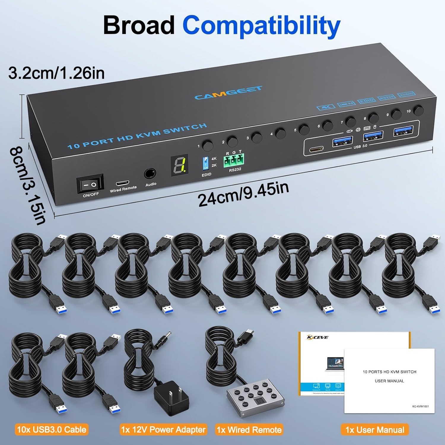 Switch KVM a 10 porte HDMI 4K a 60Hz simulazione EDID, switch KVM HDMI 10 IN 1 OUT per 10 computer condividono 1 monitor e 4 porte USB 3.0, 10 switch KVM PC con audio RS232 e cavo remoto