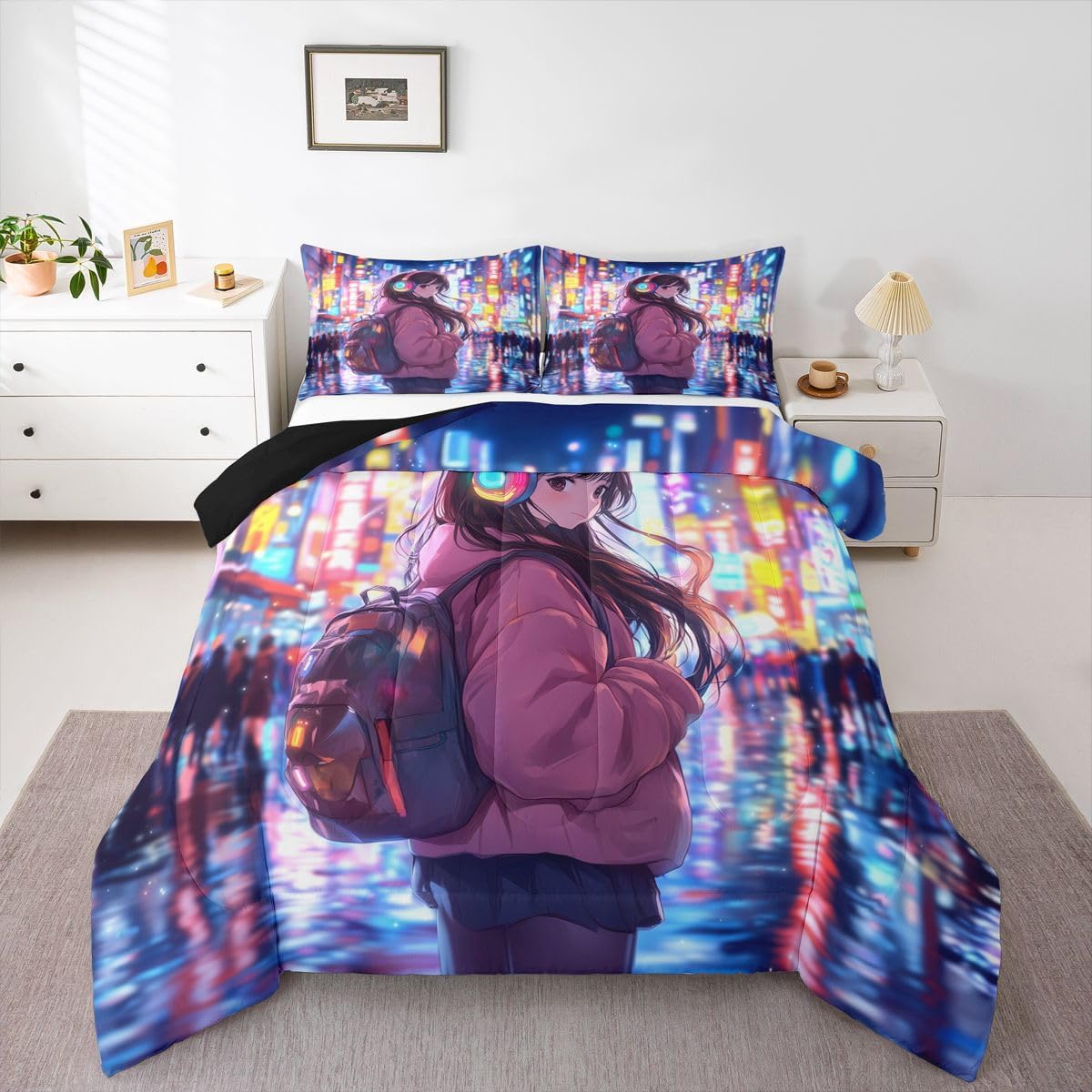 Erosebridal Cool Anime Girl Twin Down Comforter Japanese Style Kids Comforter Set 3D Cartoon Girly Anime Bedding Set Sci Fi Style Gaming Bed Set Room Decor 2 Pcs