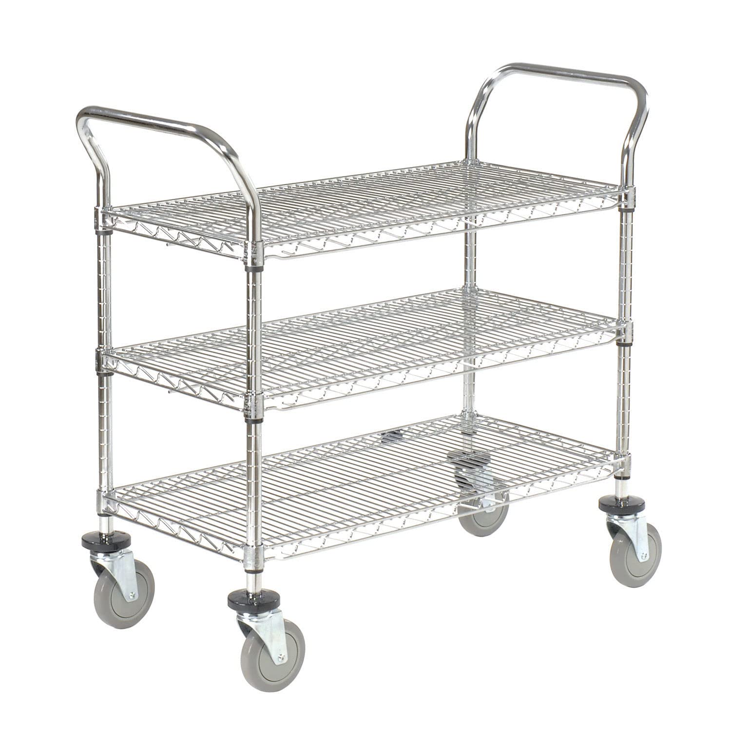 Heavy Duty 3 Tier Wire Shelf Rolling Utility Cart by Nexel – 24"x42"x39", Polyurethane, Chrome, Model 2442P3CB
