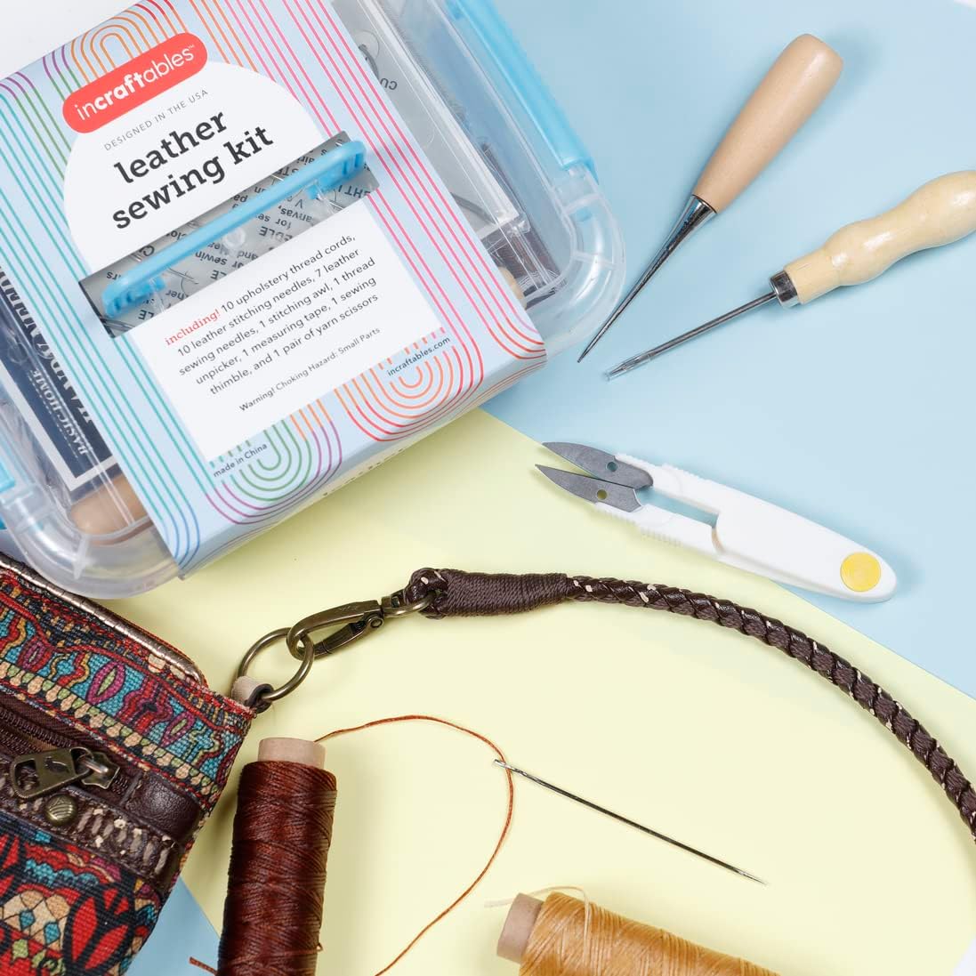 Incraftables Upholstery Needles for Hand Sewing Kit. Best Heavy Duty Leather Sewing Kit Working Tools. Upholstery Repair Kit with Waxed Thread Cord, Needles & Tape for Stitching, Craft & Shoe Repair