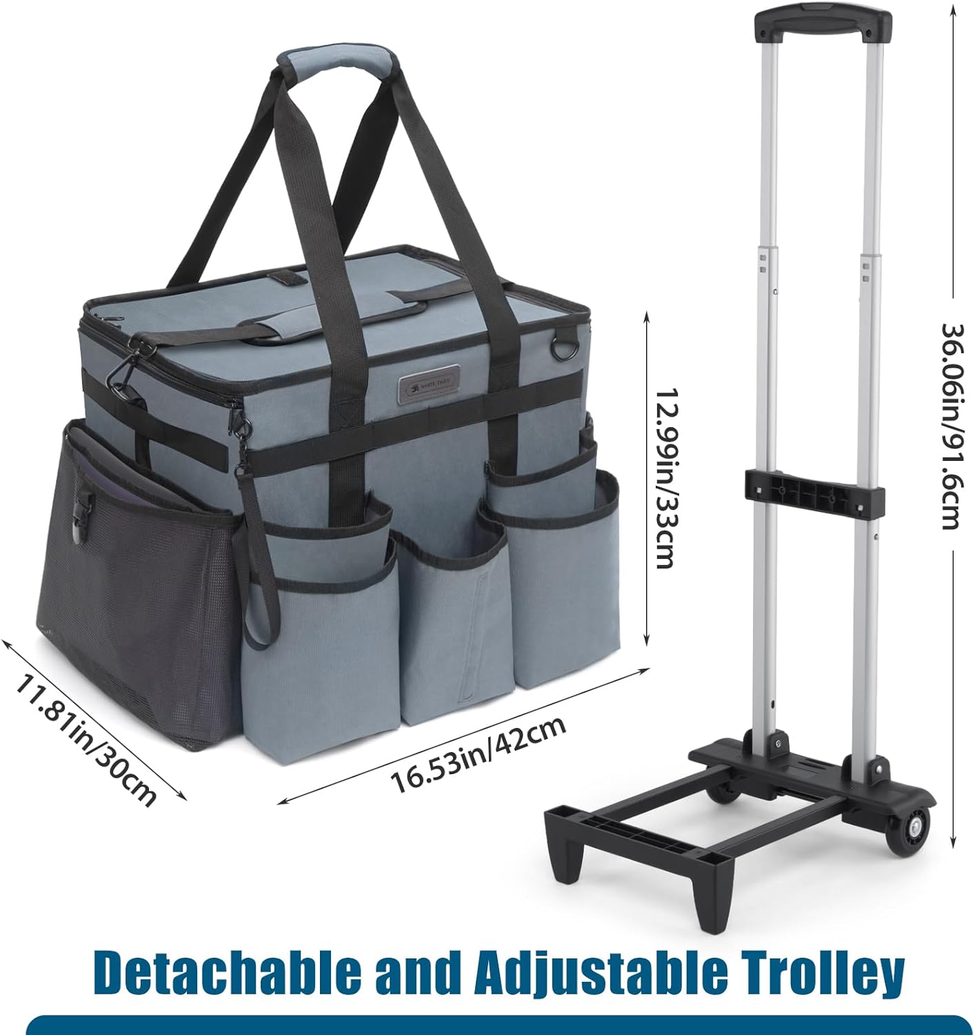 Cleaning Caddy Bag with Wheels, Rolling Cleaning Bag with Detachable Trolley&Shoulder Strap,Cleaning Supplies Detailing Bag on Wheel for Housekeepers