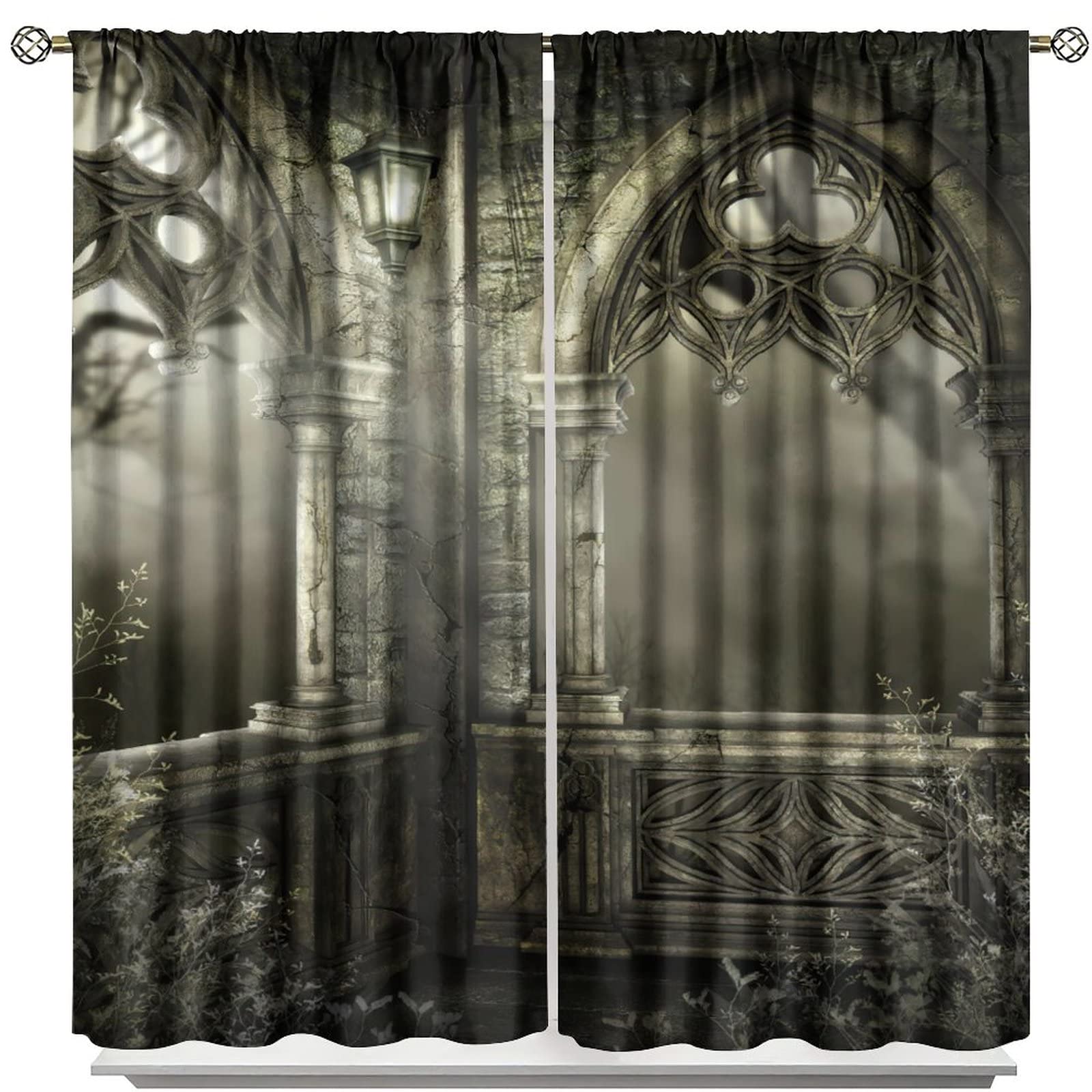 Gothic Arch Curtains, Romantic Castle Mid-Century Style Room Darkening Window Rod Pocket Curtain for Living Room Bedroom Bathroom W84xL84in