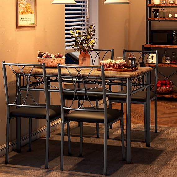 IDEALHOUSE Dining Table Set for 4, Kitchen Table and Chairs for 4, Rectangular Kitchen Table Set with Upholstered Chairs, Dining Room Table Set for Small Space, Apartment, Dinner, Retro Brown