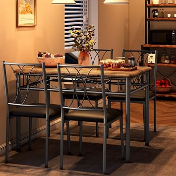 طقم طاولة طعام IDEALHOUSE لـ 4 ، طاولة مطبخ وكراسي لـ 4 ، طقم طاولة مطبخ مستطيل مع كراسي منجدة ، طقم طاولة غرفة طعام للمساحة الصغيرة ، شقة ، عشاء ، بني رجعي