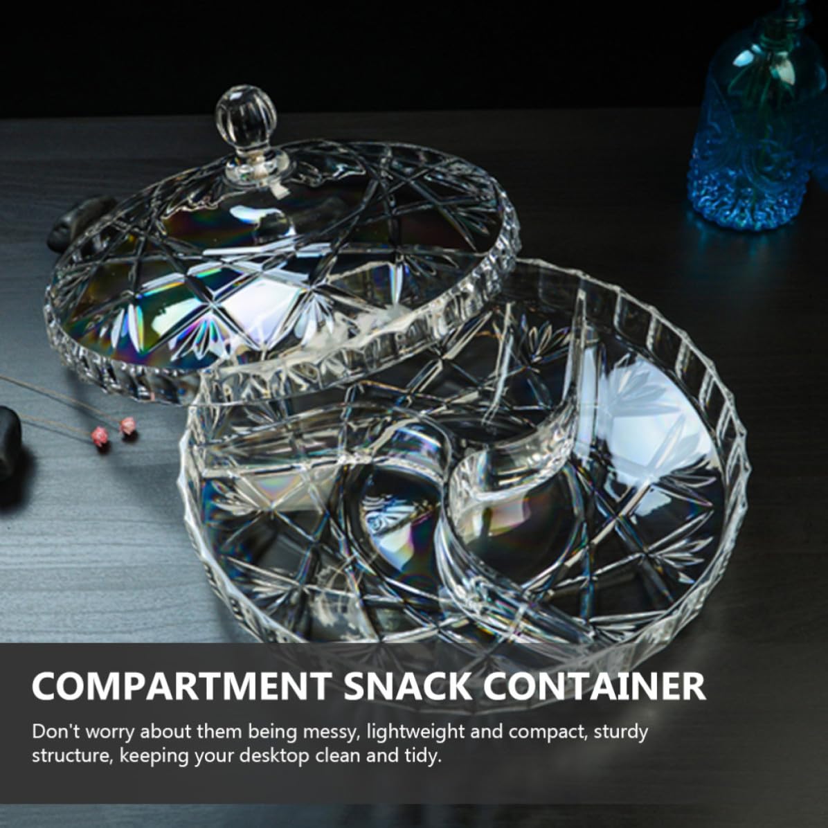 Caja de Aperitivos Redonda con 3 Compartimentos de Acrílico para Snacks y Frutos Secos, Resistente al Desgaste, Adecuado Ocio y Fiestas Reutilizable