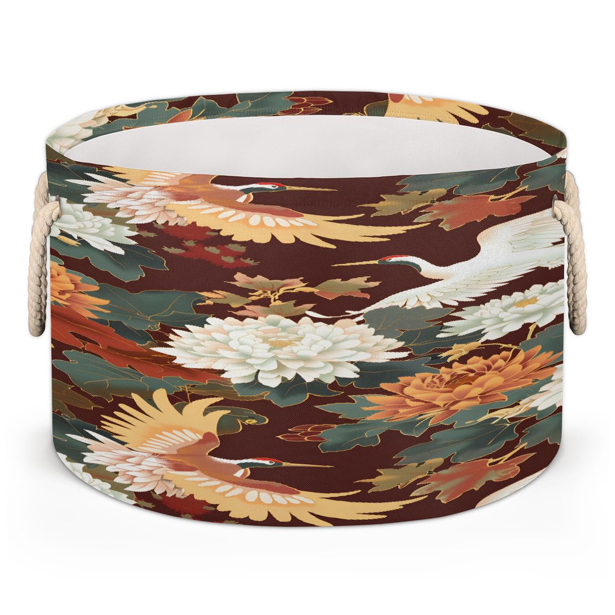 Large Round Storage Basket with Handle Japanese Animal Flower Kids Toy Storage Bin Foldable Laundry Hamper Cube Clothes Blanket Organizer Box for Living Room Bedroom Laundry Room Storage Decor