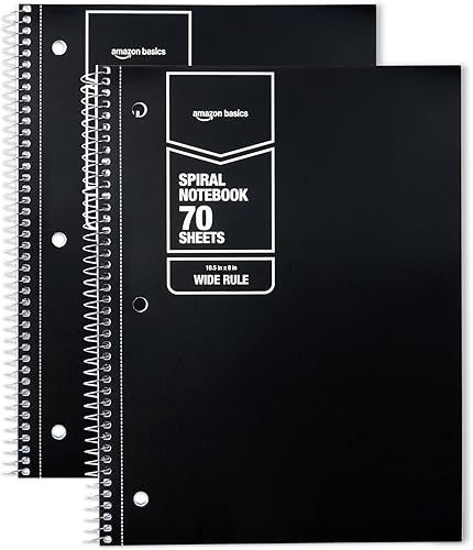 Amazon Basics Cuaderno espiral con rayas anchas, 70 hojas, 8 x 10-1/2 pulgadas, negro, paquete de 2