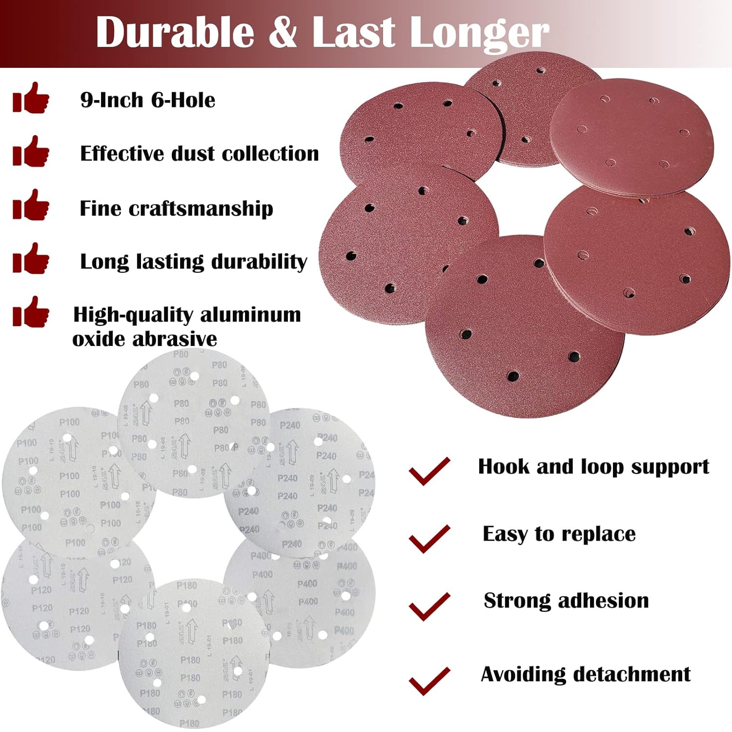 30 PCS 9 Inch 6 Hole Drywall Sanding Discs Set- 80 100 120 180 240 400 Grits, 9" Sandpaper Discs with Hook & Loop Backing, Fast Cutting Aluminum Oxide Abrasive for Drywall Power Sander, Wood Sander thumbnail