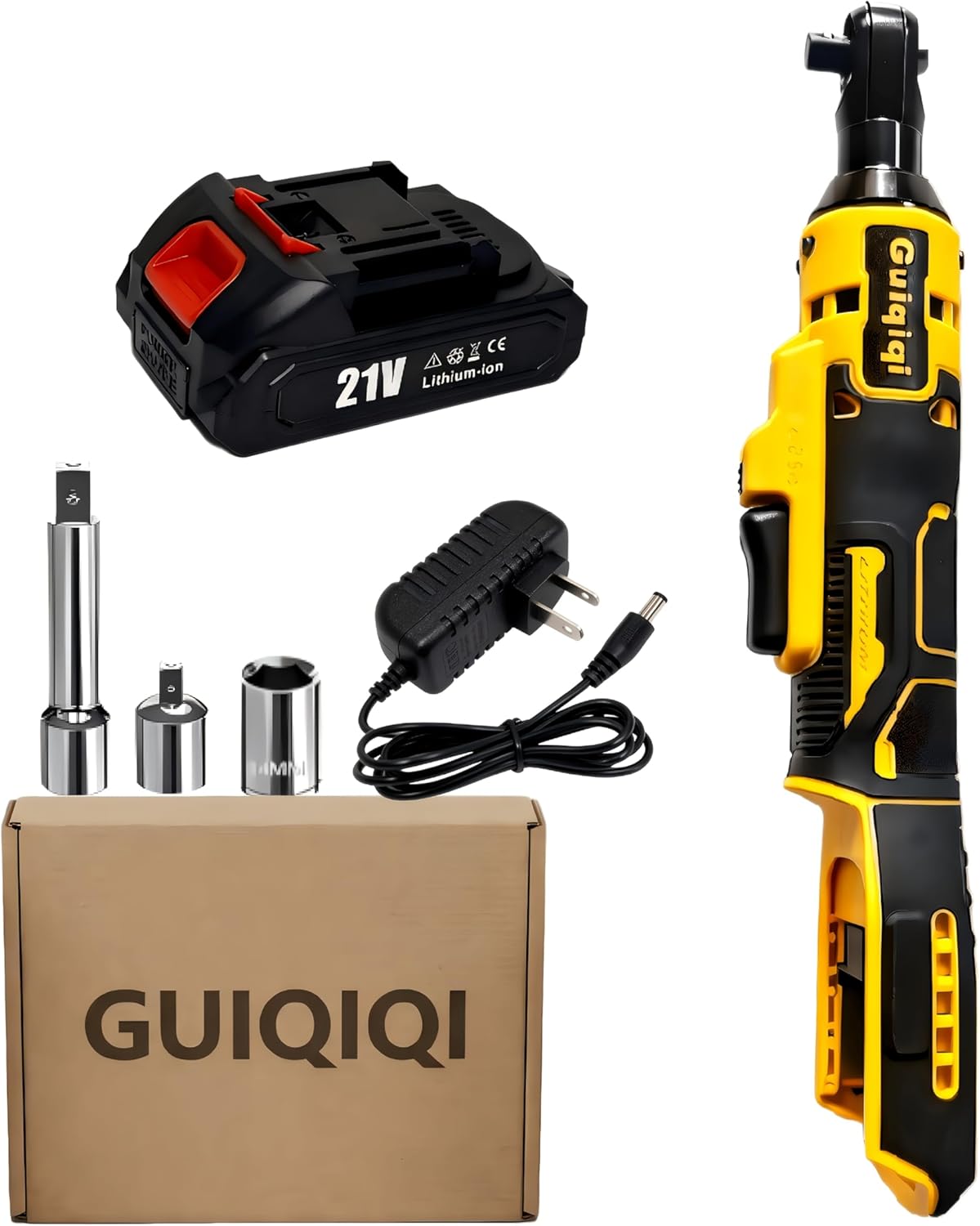 21V Electric Ratchet Wrench Kit, 3/8-Inch Drive, 59 ft-lb Torque, 400 RPM, with Lithium-Ion Batteries, Sockets, Extension Bar, Adapter S (Upgrade batte*2+Acc+Toolbox)