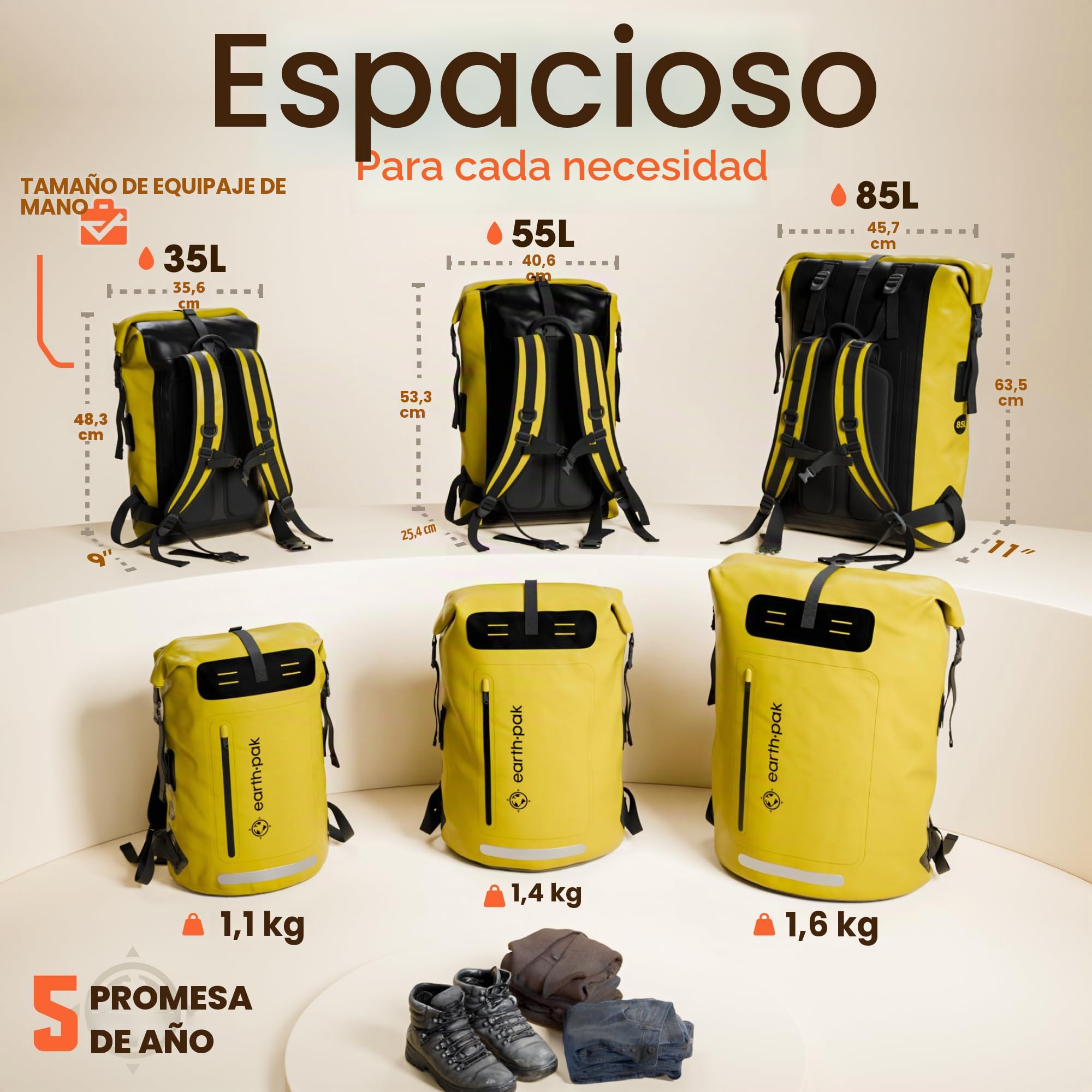 Earth Pak Mochila impermeable con cierre enrollable, bolsillo frontal, panel trasero acolchado y funda para teléfono
